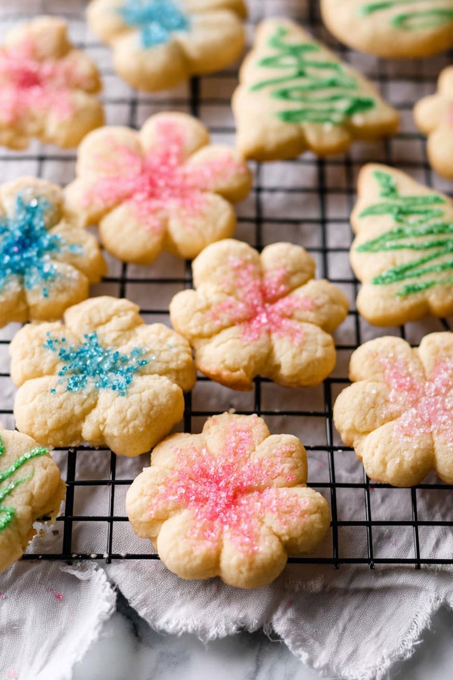 On a black wire cooling rack placed over a white marbled surface with a white cloth beneath, there are various small cookies shaped like flowers and Christmas trees. The cookies are light golden in color with a soft texture, each decorated with colored sugar sprinkles. The flower-shaped cookies have pink or blue sugar sprinkles concentrated in the center, while the Christmas tree-shaped cookies have green or blue sugar stripes across them. The cookies are arranged randomly, some overlapping slightly, giving a cozy, fresh-baked look. photo taken with an iphone --ar 2:3 --v 7 - Buttery Spritz Cookies, best spritz cookies, easy spritz cookie recipe, holiday cookie ideas, melt-in-your-mouth cookies