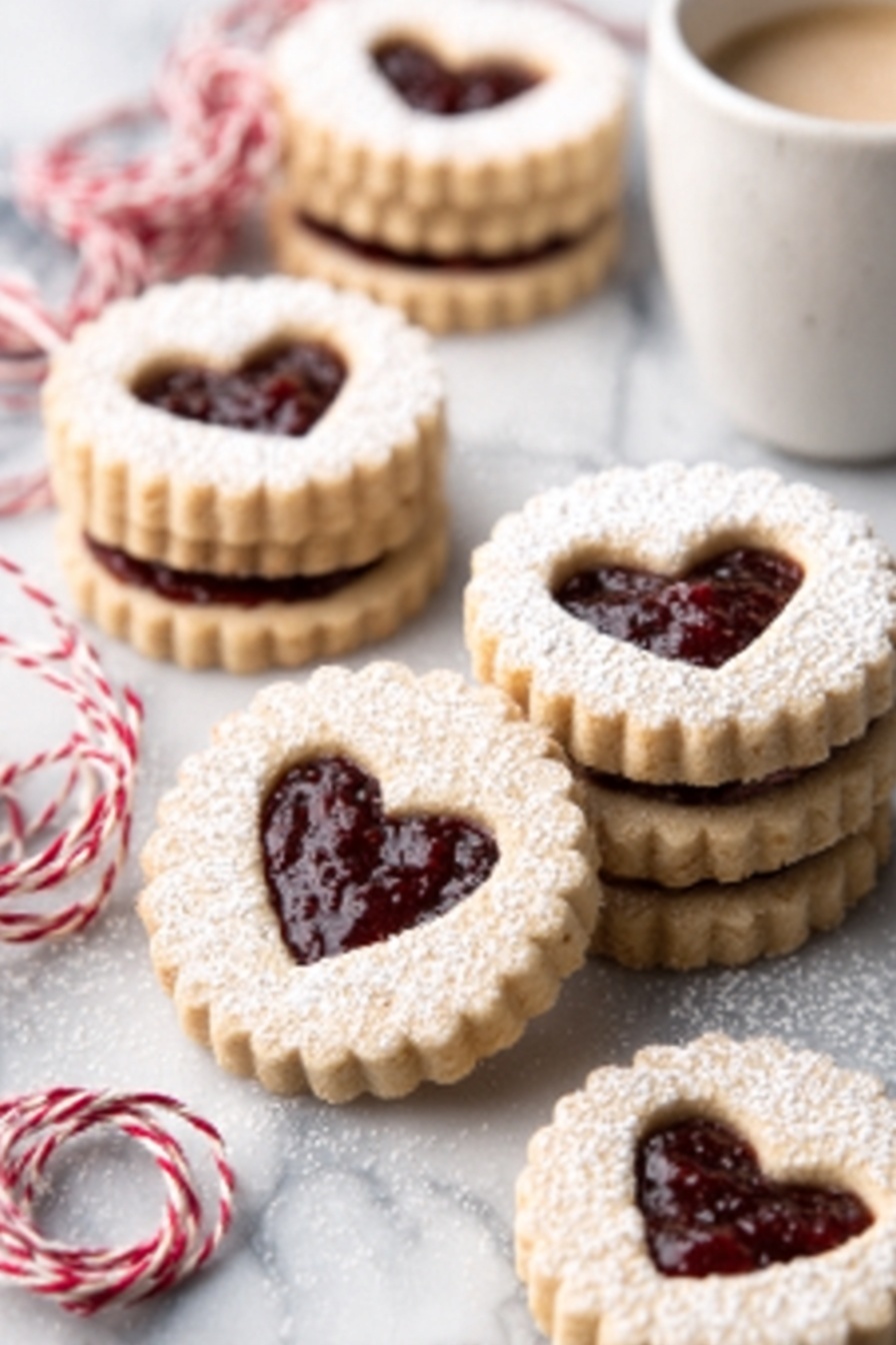 The image shows several round cookies with scalloped edges on a white marbled surface. Each cookie has two layers: a bottom layer of light golden-brown cookie dough and a top layer with a heart-shaped cutout in the center, revealing a dark red jam filling. Some of the cookies are stacked in pairs, while others are placed individually. The cookies are lightly dusted with powdered sugar, giving them a soft white texture on top. A white cup with a light beverage sits in the background, and there are pieces of red and white twine casually draped around the scene. photo taken with an iphone --ar 2:3 --v 7 - Raspberry Linzer Cookies, raspberry jam cookies, buttery Linzer cookies, homemade raspberry cookies, elegant holiday cookies