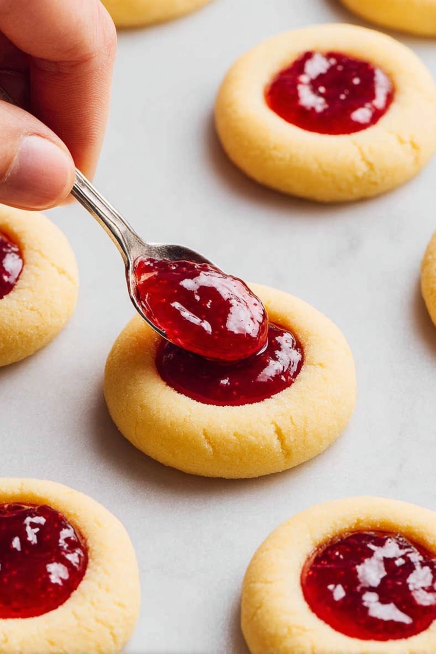 A stack of light golden round thumbprint cookies filled with shiny red jam sits on crumpled white paper over a white marbled surface. One cookie at the top is broken in half, showing its soft, crumbly inside with jam in the middle. Several cookies lie flat around the stack, also filled with bright jam in the center. Soft pink and white flowers with green leaves are placed around the cookies in the background, adding a fresh and delicate touch. Photo taken with an iphone --ar 2:3 --v 7 - Jam Drop Cookies with Fruity Filling, thumbprint cookies, jam-filled shortbread cookies, easy jam cookies, fruity filling cookie recipe