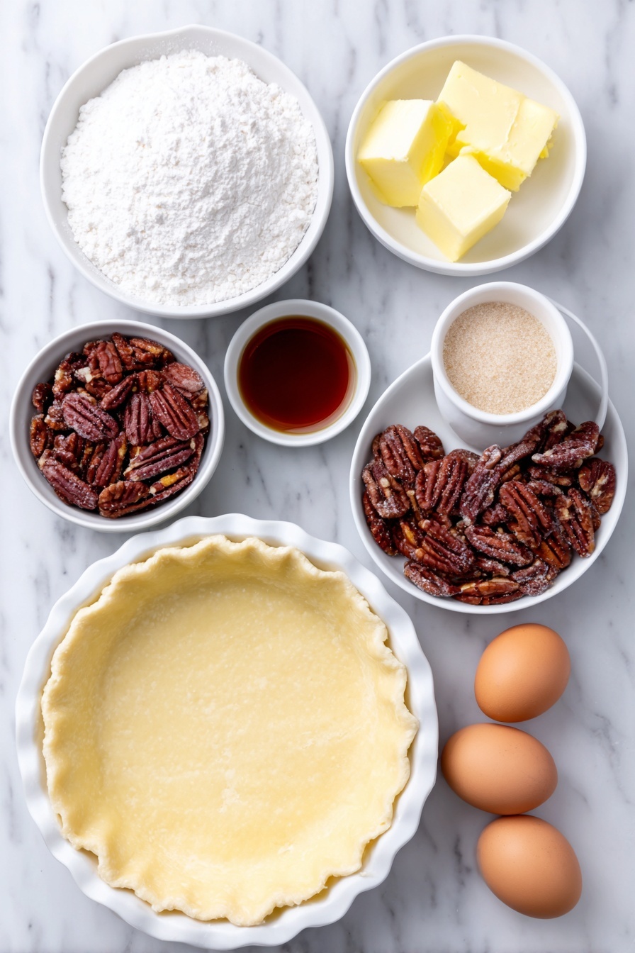 Flat lay of a round unbaked homemade pie crust in a simple white ceramic pie dish, a small white bowl of granulated sugar, a small white bowl of light brown sugar, a small white bowl of light corn syrup, a small white bowl of softened salted butter, three whole uncracked brown eggs, a small white bowl of pecan halves scattered around the layout, all arranged with perfect symmetry and balanced proportions, placed on a clean white marble surface, soft natural light, photo taken with an iPhone, professional food photography style, fresh ingredients, white ceramic bowls, no bottles, no duplicates, no utensils, no packaging --ar 2:3 --v 7 --p m7354615311229779997 - Pecan Pie, Easy Homemade Pecan Pie, Southern Dessert, Classic Pecan Pie, Fall dessert recipes