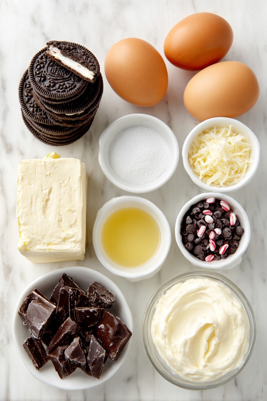 Flat lay of a small stack of whole Oreo cookies, a few broken pieces revealing the cream center, two large whole brown eggs with clean shells, a small mound of finely chopped white chocolate bars, a rectangular block of brick-style cream cheese with a slice removed, a small white ceramic bowl of granulated sugar, a small white bowl holding pale golden melted unsalted butter, a small white bowl of smooth sour cream, a tiny white bowl containing mini dark chocolate chips, a small white bowl filled with crushed red-and-white candy canes, a few rough chunks of chopped dark semisweet chocolate, a small white bowl of thick heavy cream, all arranged with perfect symmetry in balanced proportions, placed on a clean white marble surface, soft natural light, photo taken with an iPhone, professional food photography style, fresh ingredients, white ceramic bowls, no bottles, no duplicates, no utensils, no packaging --ar 2:3 --v 7 --p m7354615311229779997 - Peppermint Bark Cheesecake, holiday peppermint cheesecake, festive cheesecake with chocolate and candy canes, mint chocolate cheesecake, easy peppermint dessert