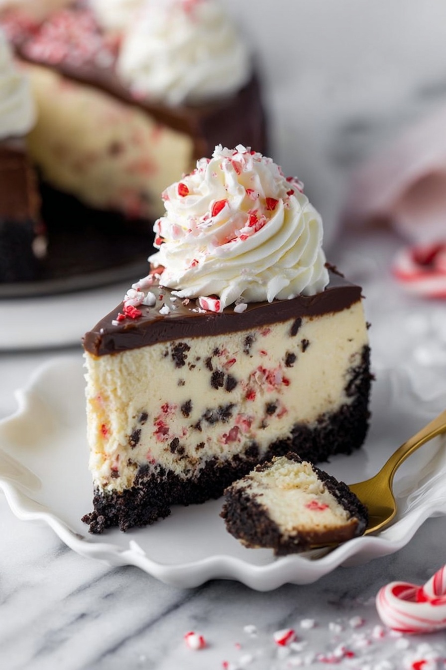 The image shows a slice of layered cheesecake on a white plate with a wavy edge. The bottom layer is a dark crumbly crust, above which is a thick creamy layer with small chocolate chips and bits of red candy evenly mixed inside. On top of this creamy layer is a smooth, dark chocolate ganache layer. The cheesecake slice is decorated with a swirl of white whipped cream that has small red and white candy pieces sprinkled on it. Next to the plate, there is a golden spoon with a small piece of cheesecake and chocolate. The background is a white marbled surface with some crushed red and white candy scattered lightly around. Photo taken with an iphone --ar 2:3 --v 7 - Peppermint Bark Cheesecake, holiday peppermint cheesecake, festive cheesecake with chocolate and candy canes, mint chocolate cheesecake, easy peppermint dessert
