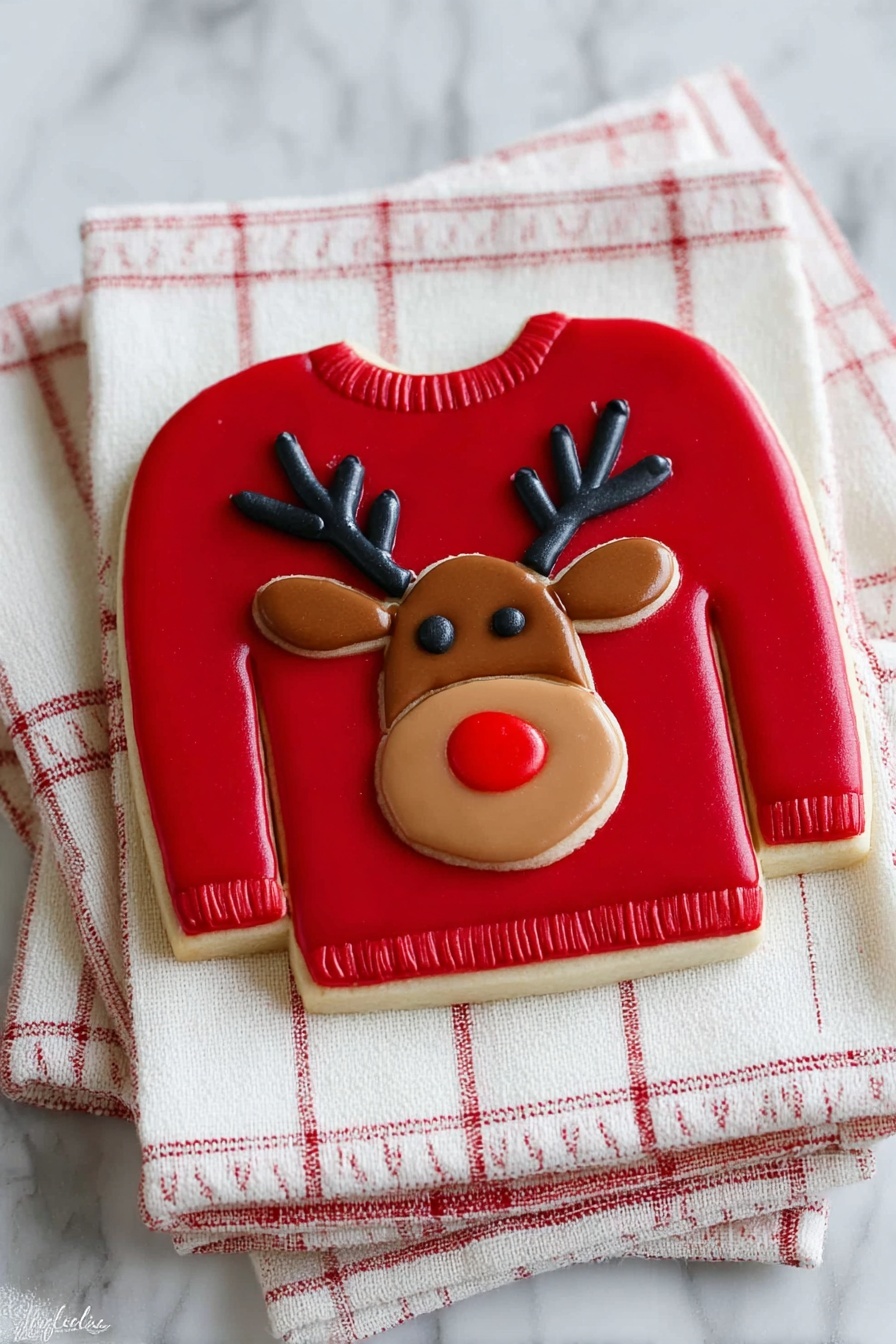 A cookie shaped like a long-sleeve sweater lies on a white cloth over a checkered fabric. The cookie is covered with smooth red icing forming the sweater base. On the chest area, there is a detailed reindeer face made with different icing colors: brown for the face and snout, black for the eyes and antlers, and a bright red shiny nose. The edges of the sweater are outlined with a thin red icing line. The whole scene is on a white marbled surface. photo taken with an iphone --ar 2:3 --v 7 - Ugly Christmas Sweater Cookies, Christmas cookie decorating ideas, holiday baking recipes, festive cookie recipes, colorful holiday cookies