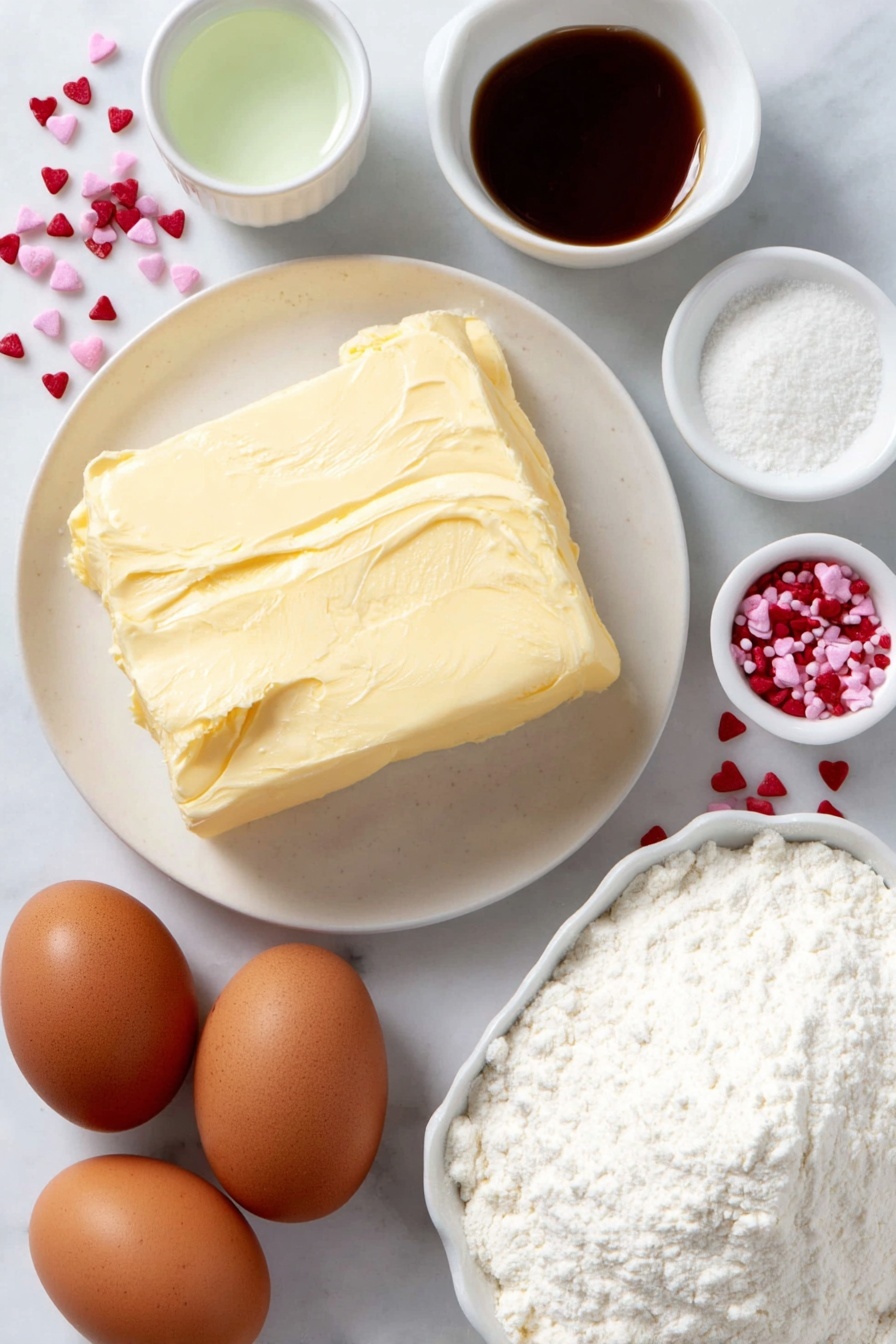 Flat lay of softened unsalted butter on a simple white ceramic plate, two large whole uncracked brown eggs, small white ceramic bowls containing clear peppermint extract and pale vanilla extract, a small white bowl filled with bright green gel food coloring, a small white ceramic bowl with fine white powdered sugar, a small white bowl with white cornstarch powder, and a neat pile of white cake mix flour on a white ceramic dish, a scattering of small red heart-shaped sprinkles nearby, all arranged symmetrically with realistic proportions, placed on a clean white marble surface, soft natural light, photo taken with an iPhone, professional food photography style, fresh ingredients, white ceramic bowls, no bottles, no duplicates, no utensils, no packaging --ar 2:3 --v 7 --p m7354615311229779997 - Grinch Peppermint Cookies, festive holiday cookies, green peppermint cookies, easy Christmas cookie recipe, colorful holiday treats