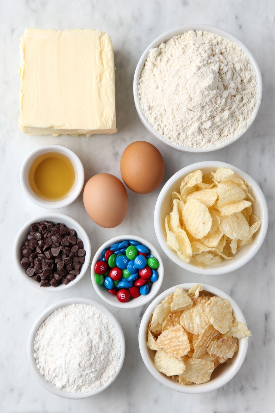Flat lay of a small block of fresh butter, a small white bowl of packed brown sugar, a small white bowl of granulated sugar, two whole brown eggs with clean shells, a small white bowl of golden vanilla extract, a small white bowl of all-purpose flour, a small white bowl of colorful M&M's, a small white bowl of creamy peanut butter chips, a small white bowl of golden crinkled potato chips, a small white bowl of broken crunchy pretzels, and a small white bowl of coarse flaked sea salt, all arranged symmetrically on a clean white marble surface, soft natural light, photo taken with an iPhone, professional food photography style, fresh ingredients, white ceramic bowls, no bottles, no duplicates, no utensils, no packaging --ar 2:3 --v 7 --p m7354615311229779997 - Santa's Trash Cookie, festive cookie recipe, holiday no-bake cookies, salty sweet cookie treats, easy Christmas cookies