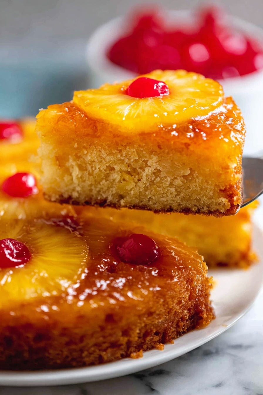 A close-up of a pineapple upside-down cake slice being lifted, showing three layers: the bottom layer is a golden-brown cake with a soft, crumbly texture; the middle layer has a glossy, caramel-like glaze covering the top of the cake; and the top layer features bright yellow pineapple rings with a shiny surface, each having a red cherry in the center. The whole cake is on a white plate placed on a white marbled surface, and there is a blurred background with more cherries visible. Photo taken with an iphone --ar 2:3 --v 7 - Pineapple Upside Down Cake, pineapple upside down cake recipe, retro pineapple cake, caramelized pineapple cake, moist pineapple cake