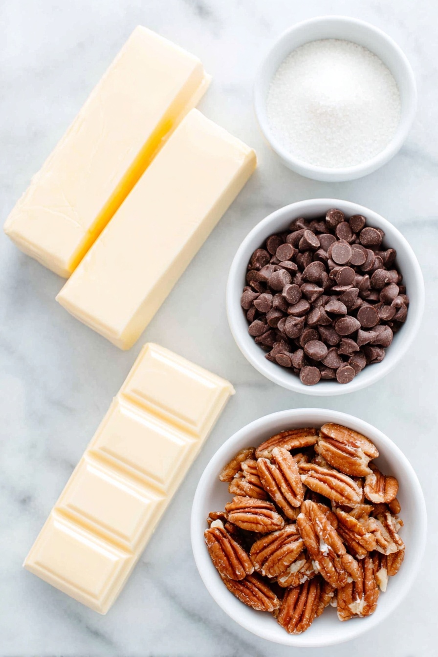 Flat lay of two sticks of unsalted butter with pale yellow creamy texture, a small white bowl filled with fine white granulated sugar, a simple white bowl holding glossy semisweet chocolate chips, and a small white bowl containing freshly chopped pecans with warm brown tones, arranged in perfect symmetry on a clean white marble surface, soft natural light, photo taken with an iPhone, professional food photography style, fresh ingredients, white ceramic bowls, no bottles, no duplicates, no utensils, no packaging --ar 2:3 --v 7 --p m7354615311229779997 - Easy Homemade Toffee with Chocolate and Pecans, toffee with chocolate and pecans, homemade toffee, chocolate pecan toffee, quick toffee recipe