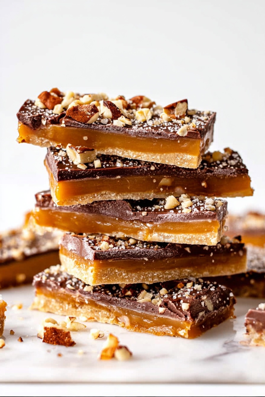A stack of five rectangular candy bars sits on a white marbled surface, each bar showing two clear layers. The bottom layer is a golden caramel, smooth and thick, while the top layer is a slightly rough, dark chocolate sprinkled with small chopped nuts in light brown and beige colors. Some nut pieces have fallen around the stack, adding texture to the scene. The candy bars appear glossy, highlighting their sticky and rich textures. The background is plain white, making the candy the main focus. photo taken with an iphone --ar 2:3 --v 7 - Easy Homemade Toffee with Chocolate and Pecans, toffee with chocolate and pecans, homemade toffee, chocolate pecan toffee, quick toffee recipe