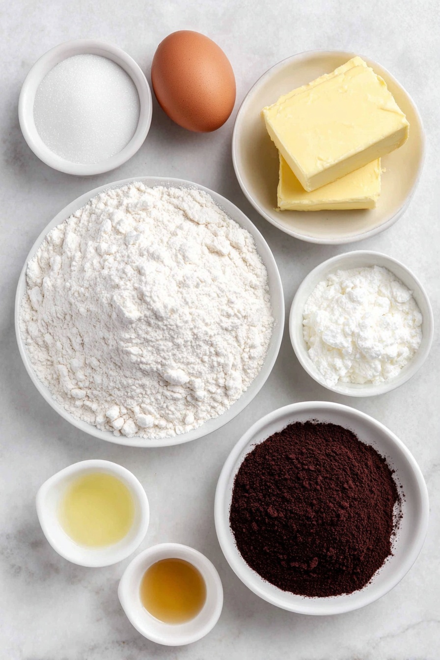 Flat lay of a small pile of fine all-purpose flour on a simple white ceramic plate, a small white bowl filled with fine granulated sugar, a few tablespoons of smooth unsalted butter shaped in a small pat, one large whole brown egg with a clean shell, a small white bowl with clear buttermilk, a small white bowl containing dark brown Dutch-process cocoa powder, a small white bowl of fine confectioners’ sugar, a small white bowl with pale yellow fresh lemon juice, a small white bowl with clear water, a small white bowl with glossy light corn syrup, and a small white bowl with golden vanilla extract, all arranged in perfect symmetry and balanced proportions around the center, placed on a clean white marble surface, soft natural light, photo taken with an iPhone, professional food photography style, fresh ingredients, white ceramic bowls, no bottles, no duplicates, no utensils, no packaging --ar 2:3 --v 7 --p m7354615311229779997 - Black and White Cookies, Black and White Cookies recipe, bakery-style black and white cookies, vanilla and chocolate split icing cookies, homemade black and white cookies