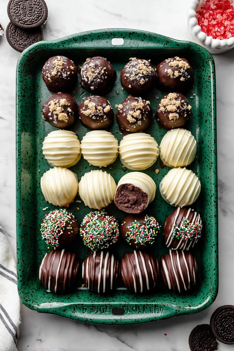 A green speckled baking tray filled with three types of round truffles arranged in neat rows: the top two rows are dark chocolate covered truffles with some sprinkled with crushed cookies or colorful tiny sprinkles, the third row has white chocolate covered truffles with smooth, ridged texture and one truffle bitten to show a light crumb inside, the fourth row returns to dark chocolate truffles decorated with colorful sprinkles, the fifth row has dark chocolate truffles drizzled with white chocolate lines, and the bottom two rows display plain dark chocolate truffles with some topped with crushed cookies, all placed on a white marbled surface with a small white bowl of red sugar crystals and a couple of Oreo cookies on the side. photo taken with an iphone --ar 2:3 --v 7 - Easy Oreo Truffles, Oreo Truffles, no-bake Oreo dessert, chocolate truffles, simple cookie treats