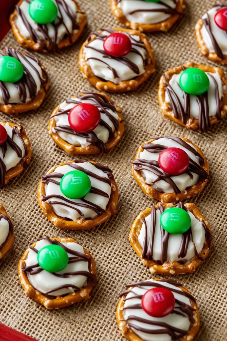 A white plate filled with many small round pretzels, each topped with a smooth, white candy layer that is drizzled with thin, wavy lines of milk chocolate. On top of each candy layer is a single colorful candy-coated chocolate piece in red, blue, green, orange, or yellow, centered in the middle of the pretzel. The pretzels have a golden-brown color with shiny salt grains visible on their surface. The plate is placed on a white marbled surface. photo taken with an iphone --ar 2:3 --v 7 - Easy Pretzel Hugs, pretzel hugs dessert, quick pretzel snacks, chocolate pretzel treats, salty sweet finger foods