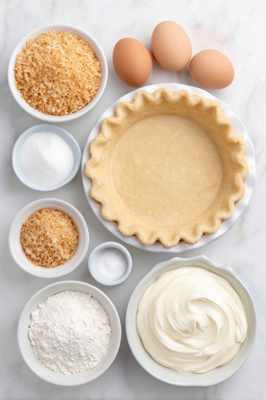 Flat lay of a whole 9-inch pre-baked pie crust on a simple white ceramic plate, a small white bowl of golden toasted shredded sweetened coconut flakes, four large whole eggs with clean shells, a small white bowl of fine white granulated sugar, a small white bowl of smooth white cornstarch powder, a small white bowl of pure unsweetened coconut milk, a small white bowl of whole milk, a small white bowl of soft unsalted butter at room temperature, a small white bowl of thick heavy cream, a small white bowl of fine powdered sugar, a small white bowl of clear vanilla extract liquid, and a small white bowl of pale coconut extract liquid, all ingredients fresh and natural, perfectly symmetrical arrangement, placed on a clean white marble surface, soft natural light, photo taken with an iPhone, professional food photography style, fresh ingredients, white ceramic bowls, no bottles, no duplicates, no utensils, no packaging --ar 2:3 --v 7 --p m7354615311229779997 - Coconut Cream Pie, Coconut Cream Pie Recipe, Easy Coconut Pie, Homemade Coconut Pie, Coconut Dessert