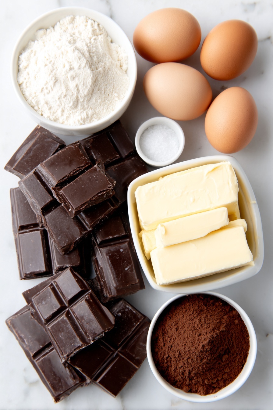 Flat lay of roughly chopped semi sweet chocolate chunks, a small white ceramic bowl filled with all purpose flour, a small white ceramic bowl of granulated white sugar, three whole uncracked brown eggs, a block of unsalted butter at room temperature, a small white ceramic bowl with vanilla extract, a small pinch of salt displayed as coarse grains, a small white ceramic bowl of confectioners sugar, a small white ceramic bowl of cocoa powder, a small white ceramic bowl of heavy whipping cream, placed on a clean white marble surface, soft natural light, photo taken with an iPhone, professional food photography style, fresh ingredients, white ceramic bowls, no bottles, no duplicates, no utensils, no packaging --ar 2:3 --v 7 --p m7354615311229779997 - Chocolate Frosted Christmas Brownies, festive holiday brownies, fudgy Christmas brownies, chocolate frosting brownie recipe, holiday brownie dessert