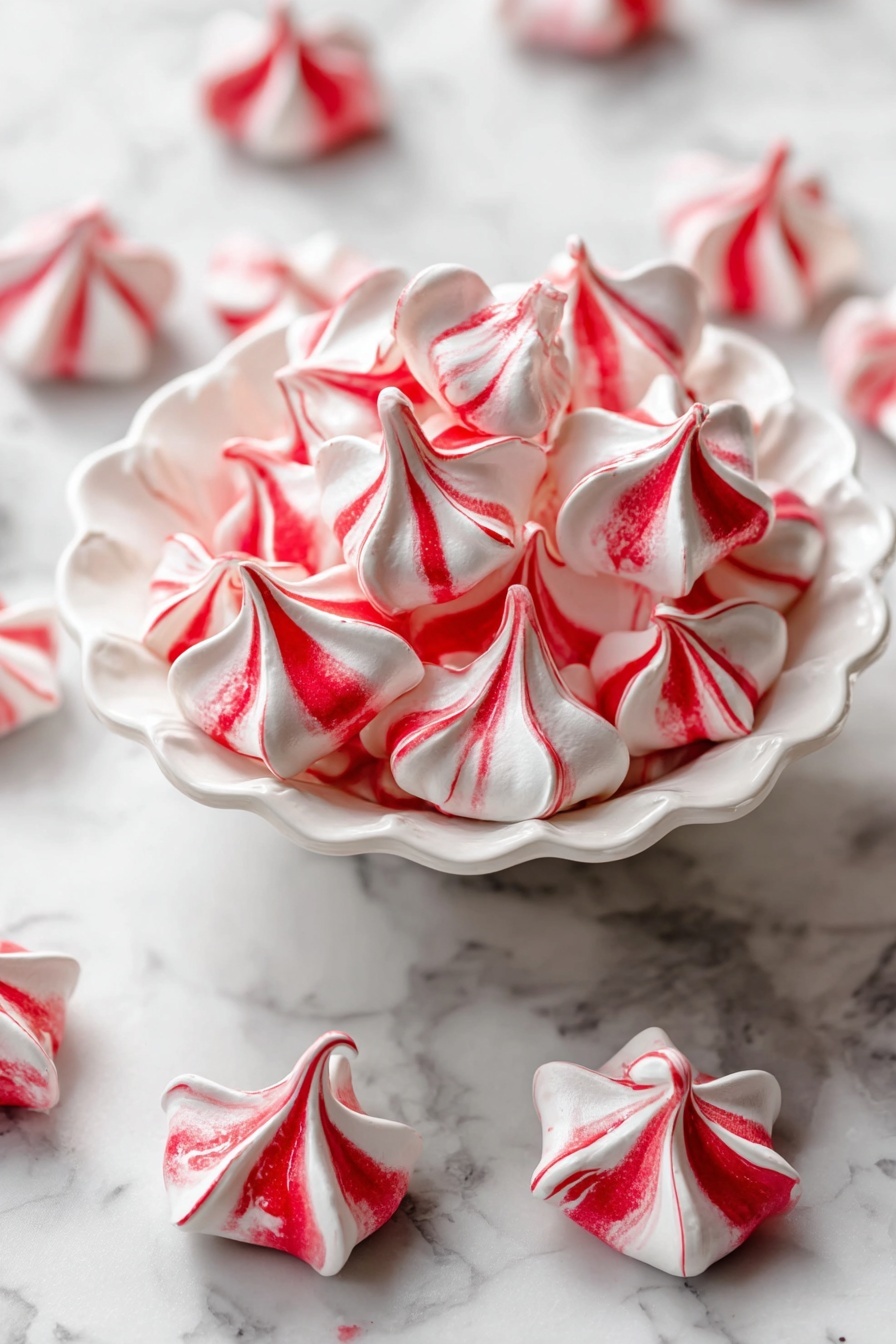 A white cake stand holds a pile of small meringue cookies, each with red and white swirled colors forming pointed peaks and smooth textures. The cookies are stacked in a lively cluster creating a high mound, with some scattered around the base on a white marbled surface. A woman's hand is gently picking up one of the meringues from the top. In the background, there are small decorative green trees that add a festive touch. photo taken with an iphone --ar 2:3 --v 7 - Peppermint Meringues, peppermint meringues recipe, holiday meringues, easy peppermint treats, festive peppermint desserts