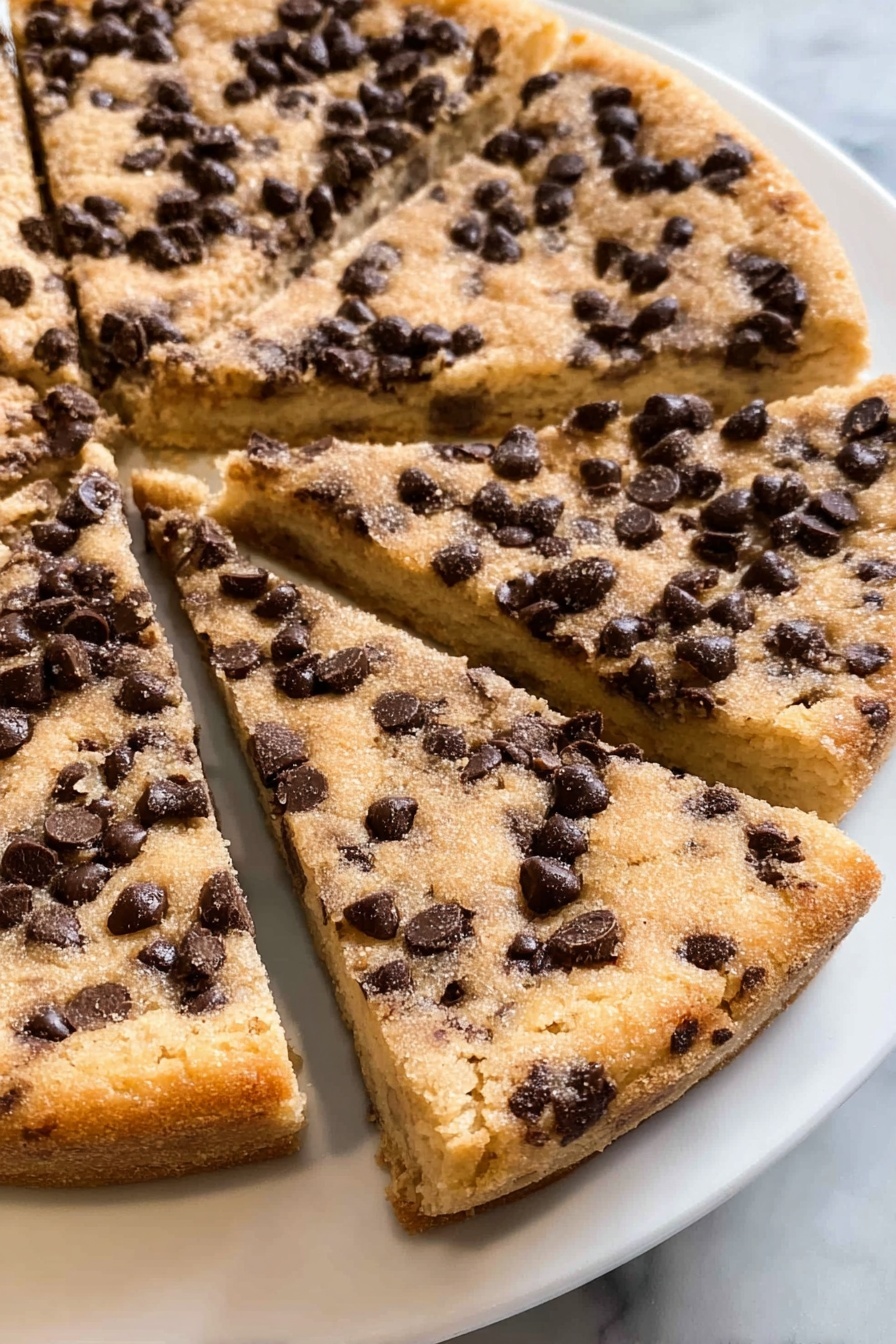 A round dessert pizza with one thick layer of light golden dough forming a soft-looking crust at the edge. On top is a thick, crumbly, light brown layer mixed with small melted chocolate chips that are spread evenly across the surface. The texture of the top layer looks crumbly and slightly grainy, covering the entire center of the dough evenly up to the crust edge. The pizza is placed directly on a wooden surface with visible wood grain patterns. photo taken with an iphone --ar 2:3 --v 7 - Chocolate Chip Dessert Pizza, chocolate chip cookie pizza, easy dessert pizza, no-bake chocolate chip pizza, fun dessert recipes