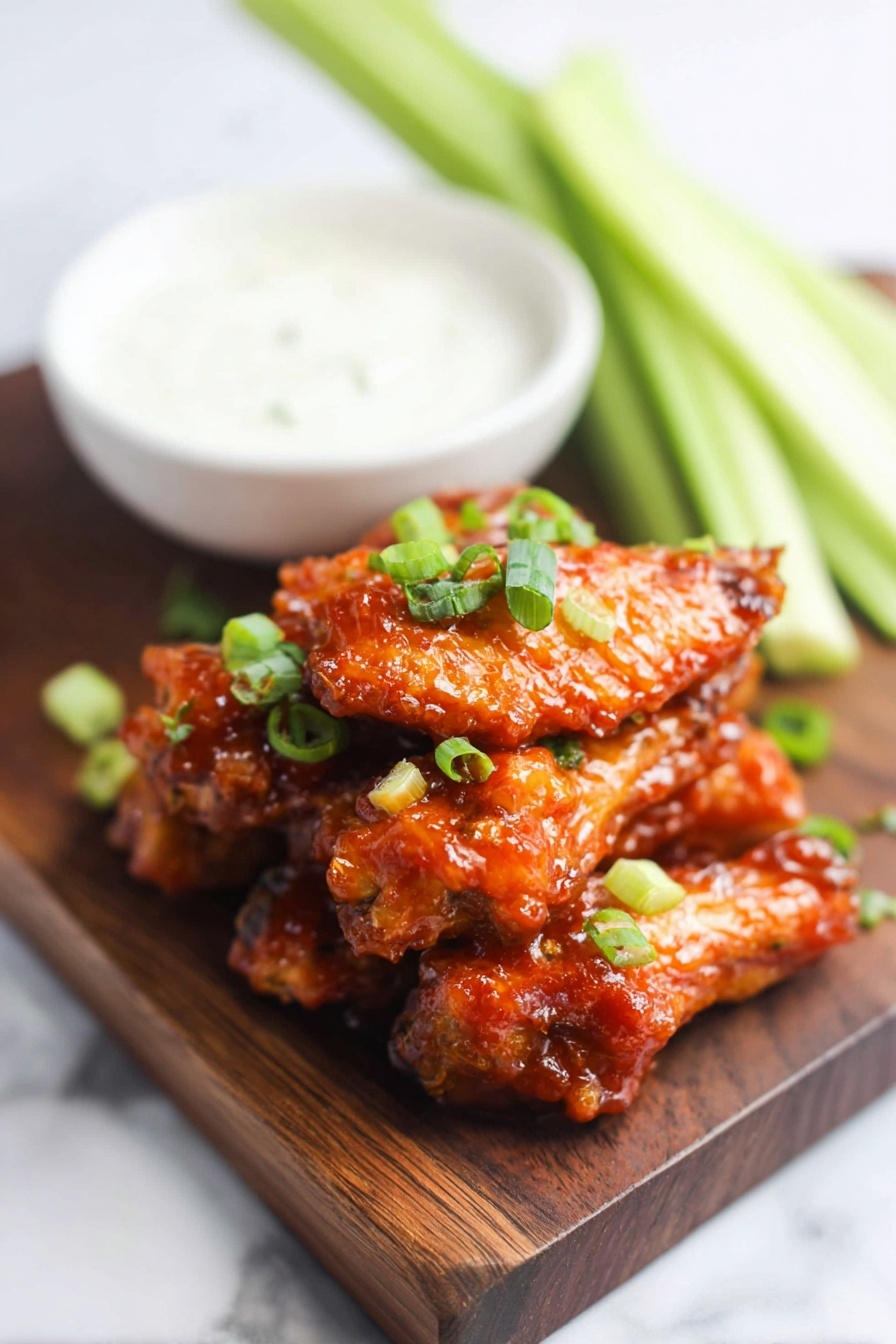 A stack of shiny, reddish-orange chicken wings coated in a thick, sticky sauce sits on a dark wooden board, topped with bright green chopped spring onions. Behind the wings, several long, light green celery sticks lean diagonally against the board. To the left, a white bowl filled with smooth, white creamy dip rests on the board. The whole setting is placed on a white marbled surface, and a woman's hand is holding the edge of the board. Photo taken with an iphone --ar 2:3 --v 7 - Honey Garlic Chicken Wings, Easy Honey Garlic Wings Recipe, Crispy Honey Garlic Chicken, Sweet and Savory Chicken Wings, Best Honey Garlic Wing Recipe