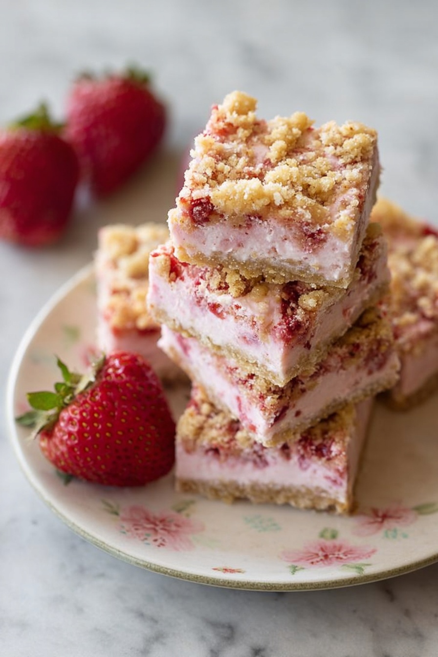 The image shows a stack of five square dessert bars on a white plate with a soft floral pattern, placed on a white marbled surface. Each layered bar has a crumbly golden brown topping with visible small chunks giving texture. Below the topping is a thick pale pink creamy layer, with hints of red fruit pieces embedded inside, making the pink color uneven and natural. The bars are stacked neatly, with three whole red strawberries with green tops placed beside them on the plate. Photo taken with an iphone --ar 2:3 --v 7 - Frozen Strawberry Shortcake Squares, strawberry shortcake desserts, summer frozen treats, easy fruit desserts, refreshing berry desserts