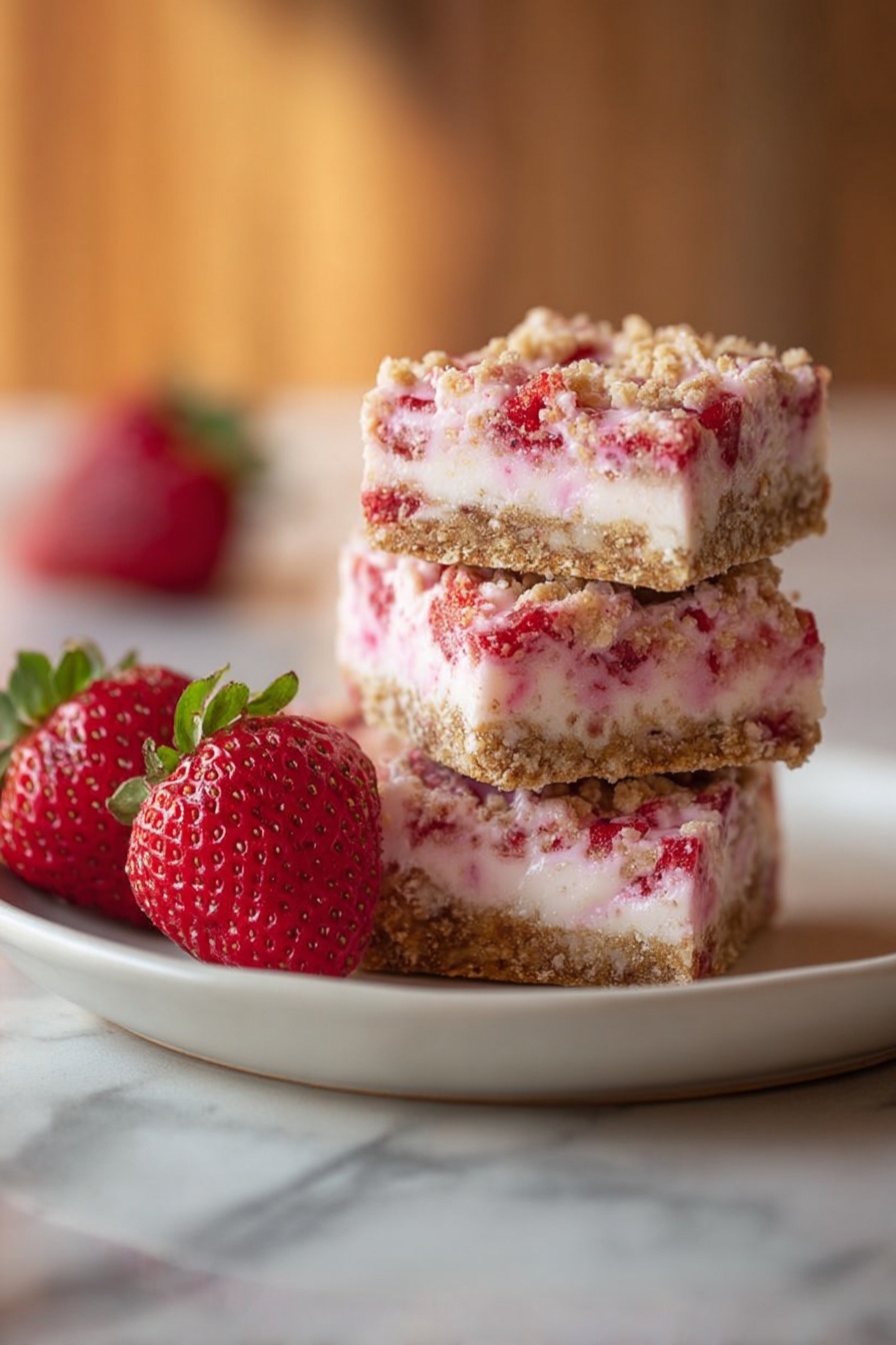 The image shows a stack of four square bars on a white plate placed on a white marbled surface. Each bar has three visible layers: the bottom and top layers are crumbly and light brown with a textured look, while the middle layer is thick and creamy light pink mixed with small red pieces, likely strawberries. Two fresh strawberries with green leaves are placed in front of the stack on the left side of the plate. The background is softly blurred with warm tones. photo taken with an iphone --ar 2:3 --v 7 - Frozen Strawberry Shortcake Squares, strawberry shortcake desserts, summer frozen treats, easy fruit desserts, refreshing berry desserts