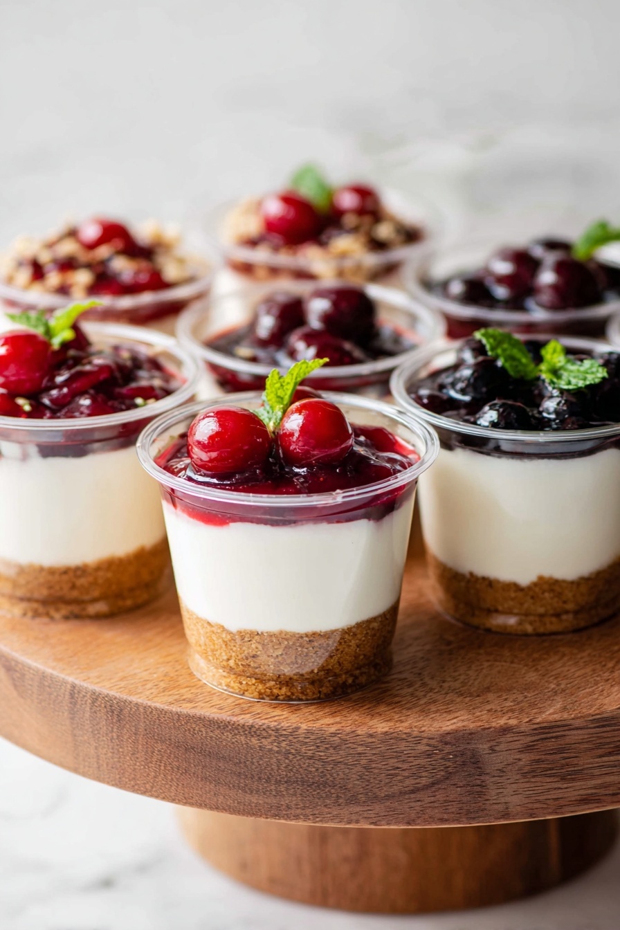 The image shows six clear plastic cups filled with three visible layers, placed on a wooden cake stand against a white marbled background. The bottom layer is a light brown crumbly base, the middle layer is smooth, creamy and white, and the top layer varies between two fruit toppings: some cups have a glossy red berry sauce with whole red berries and a small green mint leaf on top, while others have a dark purple berry sauce with whole dark berries and a small green mint leaf. The cups are arranged close together with soft, natural light highlighting the colors and textures of the dessert. photo taken with an iphone --ar 2:3 --v 7 - No-Bake Cheesecake Cups, easy cheesecake dessert, no oven cheesecake, creamy no-bake dessert, customizable cheesecake cups