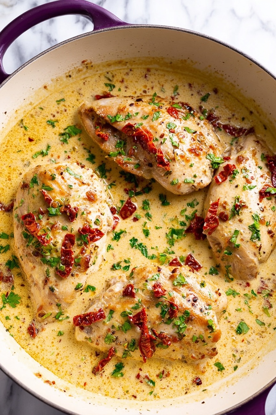 A close-up top view of three pieces of cooked chicken in a creamy light yellow sauce with bits of red sun-dried tomatoes and chopped green parsley sprinkled on top. The chicken pieces are nestled in the sauce inside a round white pan with a purple handle, all placed on a white marbled surface. The sauce looks smooth and thick, mixing well with the herbs and tomatoes scattered evenly over the chicken. photo taken with an iphone --ar 2:3 --v 7 - Marry Me Tofu in Creamy Sun-Dried Tomato Sauce, vegan tofu main dish, creamy sun-dried tomato tofu, flavorful plant-based tofu recipe, easy tofu dinner ideas