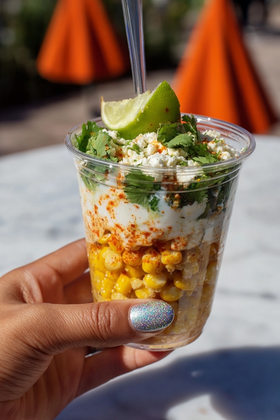 A clear plastic cup with four distinct layers is held by a woman's hand with sparkly silver nail polish against an outdoor scene with orange cone-shaped towers and a blue sky. The bottom layer is bright yellow corn kernels, topped by a white crumbly cheese layer mixed with red spice. Above that are fresh green cilantro leaves and a wedge of light green lime, with a white sauce being poured over the top. The background shows a white marbled texture surface replacing what would normally be the ground or table. Photo taken with an iphone --ar 2:3 --v 7 - Mexican Street Corn Cups, Mexican Street Corn Cupss recipe, Mexican elote cups, easy Mexican street corn, summer snack recipes