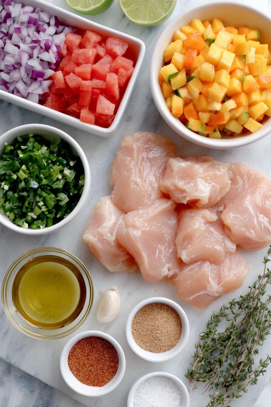 Flat lay of fresh boneless, skinless chicken breasts arranged neatly, a small white bowl of cubed bright red watermelon, another bowl with vivid orange mango cubes, a pile of finely chopped red onion, a few sprigs of fresh green cilantro, a small heap of finely chopped green jalapeño peppers, a small white bowl with fresh lime juice, a small white bowl containing golden extra virgin olive oil, whole garlic cloves with their pale papery skins intact, fresh oregano sprigs with delicate green leaves, small piles of warm brown chili powder, light tan ground cumin, coarse white salt crystals, and granulated white sugar, all placed on a clean white marble surface, soft natural light, photo taken with an iPhone, professional food photography style, fresh ingredients, white ceramic bowls, no bottles, no duplicates, no utensils, no packaging --ar 2:3 --v 7 --p m7354615311229779997 - Grilled Chicken with Mango Watermelon Salsa, grilled chicken with fruit salsa, summer chicken recipes, healthy grilled chicken, easy fruit salsa recipe