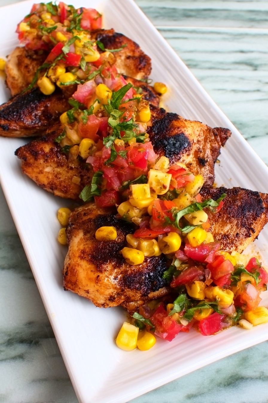 A white rectangular plate holds two grilled pieces of seasoned chicken with a dark, slightly charred crust. On top and around the chicken is a colorful salsa made of bright yellow mango chunks, red watermelon cubes, small pieces of red onion, and fresh green cilantro leaves, adding a fresh and vibrant contrast against the chicken. The background surface is white marble. Photo taken with an iphone --ar 2:3 --v 7 - Grilled Chicken with Mango Watermelon Salsa, grilled chicken with fruit salsa, summer chicken recipes, healthy grilled chicken, easy fruit salsa recipe