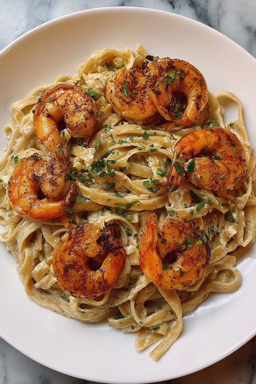 A white plate is filled with creamy fettuccine pasta that is light beige in color, mixed with small bits of green herbs. On top of the pasta, there are six large cooked shrimp, arranged in a circle. The shrimp are orange with charred edges and sprinkled with chopped green herbs. The plate sits on a white marbled surface. photo taken with an iphone --ar 2:3 --v 7 - Cajun Shrimp Pasta, Cajun pasta recipes, creamy shrimp pasta, spicy shrimp pasta, easy seafood pasta