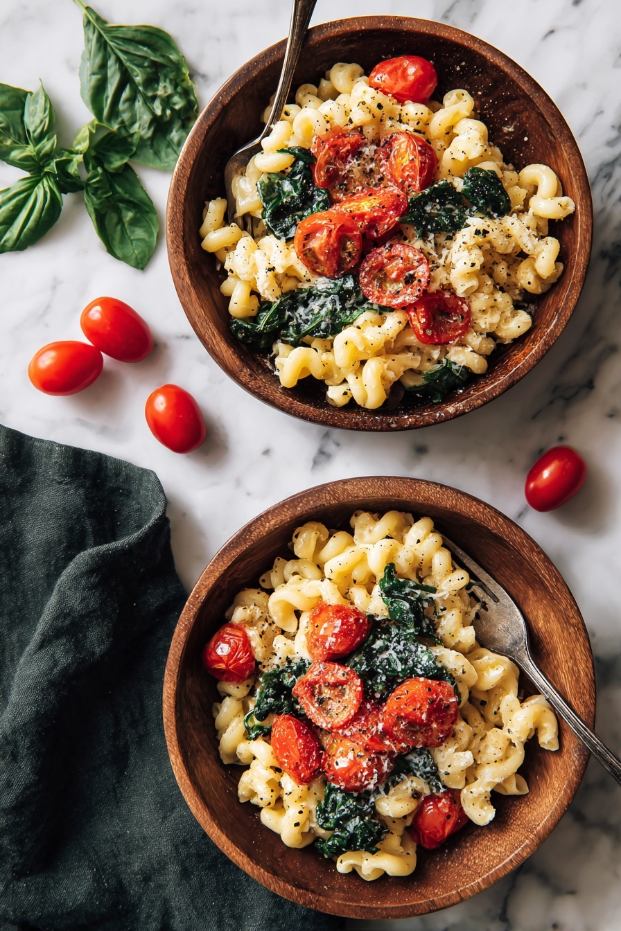 A white bowl filled with three distinct layers of pasta dish: on the bottom are creamy, ruffled pasta pieces in a light orange sauce, mixed with bright green leafy spinach pieces scattered throughout, followed by halved red cherry tomatoes adding pops of color on top, all coated in the creamy sauce with specks of black pepper. A silver fork rests inside the bowl on the right side. The bowl sits on a white marbled surface with a green cloth napkin near its base, and blurred red tomatoes sit in the background. Photo taken with an iphone --ar 2:3 --v 7 - Baked Feta Pasta with Roasted Tomatoes, baked feta pasta, roasted tomato pasta, creamy baked feta, easy pasta recipes