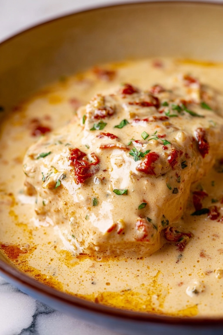 A single thick piece of light tan chicken is covered in a creamy sauce with a smooth, rich texture. The sauce is off-white with bits of red sun-dried tomatoes and small green herb leaves sprinkled on top. The chicken and sauce fill a round pan with a dark edge, resting on a white marbled surface. The creamy sauce pools around the chicken with a slightly glossy finish, showing a mix of orange oil streaks and herbs throughout. Photo taken with an iphone --ar 2:3 --v 7 - Marry Me Tofu in Creamy Sun-Dried Tomato Sauce, vegan tofu main dish, creamy sun-dried tomato tofu, flavorful plant-based tofu recipe, easy tofu dinner ideas