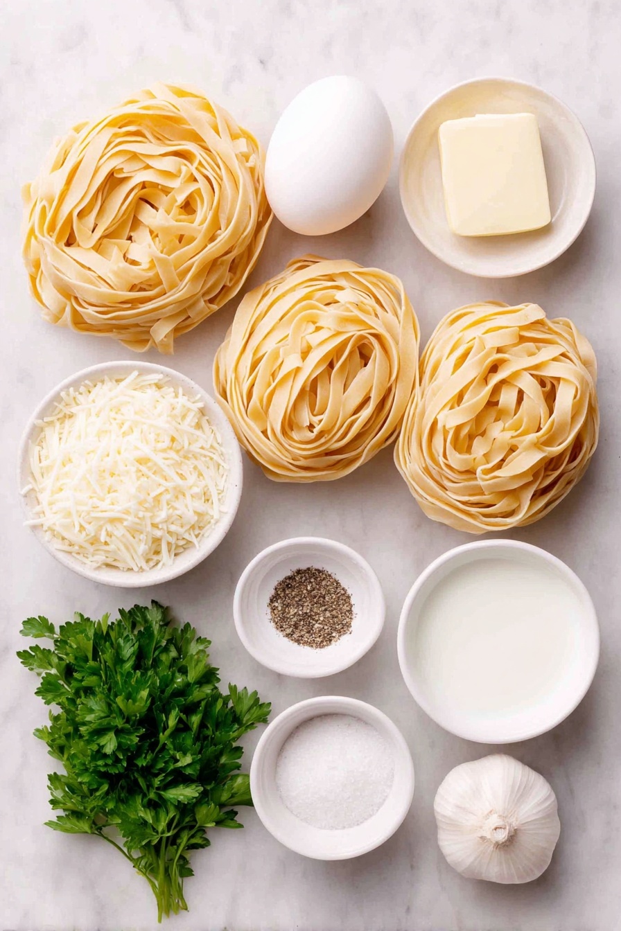 Flat lay of fresh uncooked fettuccine pasta nests, a few golden pats of butter, a single uncracked white egg, one whole garlic bulb clove, a small white bowl of rich heavy cream, a small white bowl filled with finely shredded Parmesan cheese, a small white bowl containing coarse sea salt, a small white bowl with freshly ground black pepper, and a small bunch of vibrant Italian parsley sprigs, all arranged in perfect symmetry on simple white ceramic dishes placed on a clean white marble surface, soft natural light, photo taken with an iPhone, professional food photography style, fresh ingredients, white ceramic bowls, no bottles, no duplicates, no utensils, no packaging --ar 2:3 --v 7 --p m7354615311229779997 - Creamy Fettuccine Alfredo, easy creamy pasta, Italian pasta recipe, comforting dinner idea, classic Alfredo sauce