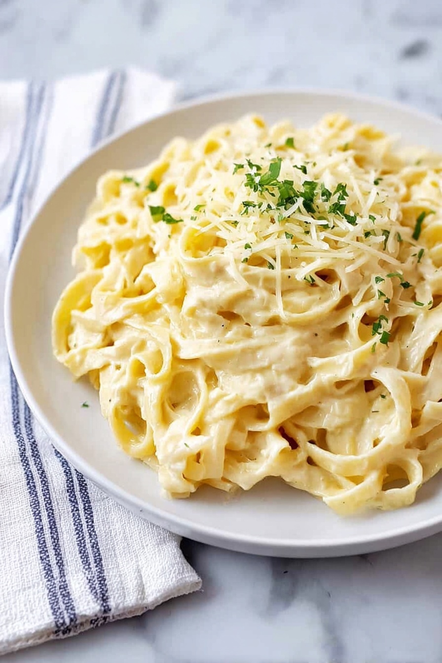 A white plate filled with creamy light yellow fettuccine pasta, coated evenly with a smooth sauce. On top, a small pile of finely shredded pale yellow cheese and green chopped herbs adds texture and color contrast. The plate sits on a white marbled surface with a folded white and blue striped cloth nearby. The dish looks rich and smooth, with the pasta strands loosely layered and softly curled. Photo taken with an iphone --ar 2:3 --v 7 - Creamy Fettuccine Alfredo, easy creamy pasta, Italian pasta recipe, comforting dinner idea, classic Alfredo sauce