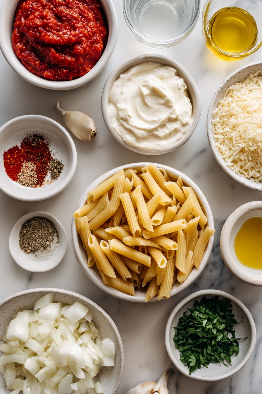 Flat lay of a small pile of uncooked penne pasta, two whole brown eggs with clean shells, a small white ceramic bowl of vibrant red tomato paste, a small white ceramic bowl of thick creamy double cream, a small white ceramic bowl of clear vodka, a small white ceramic bowl of golden olive oil, a small white ceramic bowl of coarse kosher salt, a small white ceramic bowl of crushed red pepper flakes, a small white ceramic bowl of freshly ground black pepper, a few garlic cloves with papery skins, a small white ceramic bowl of finely diced white onion, a small white ceramic bowl of finely chopped fresh parsley, a small white ceramic bowl holding a loosely packed cup of freshly grated pale yellow parmesan cheese placed on a clean white marble surface, soft natural light, photo taken with an iPhone, professional food photography style, fresh ingredients, white ceramic bowls, no bottles, no duplicates, no utensils, no packaging --ar 2:3 --v 7 --p m7354615311229779997 - Creamy Vodka Penne Pasta, creamy pasta with vodka, quick vodka pasta recipe, easy penne pasta, indulgent dinner ideas