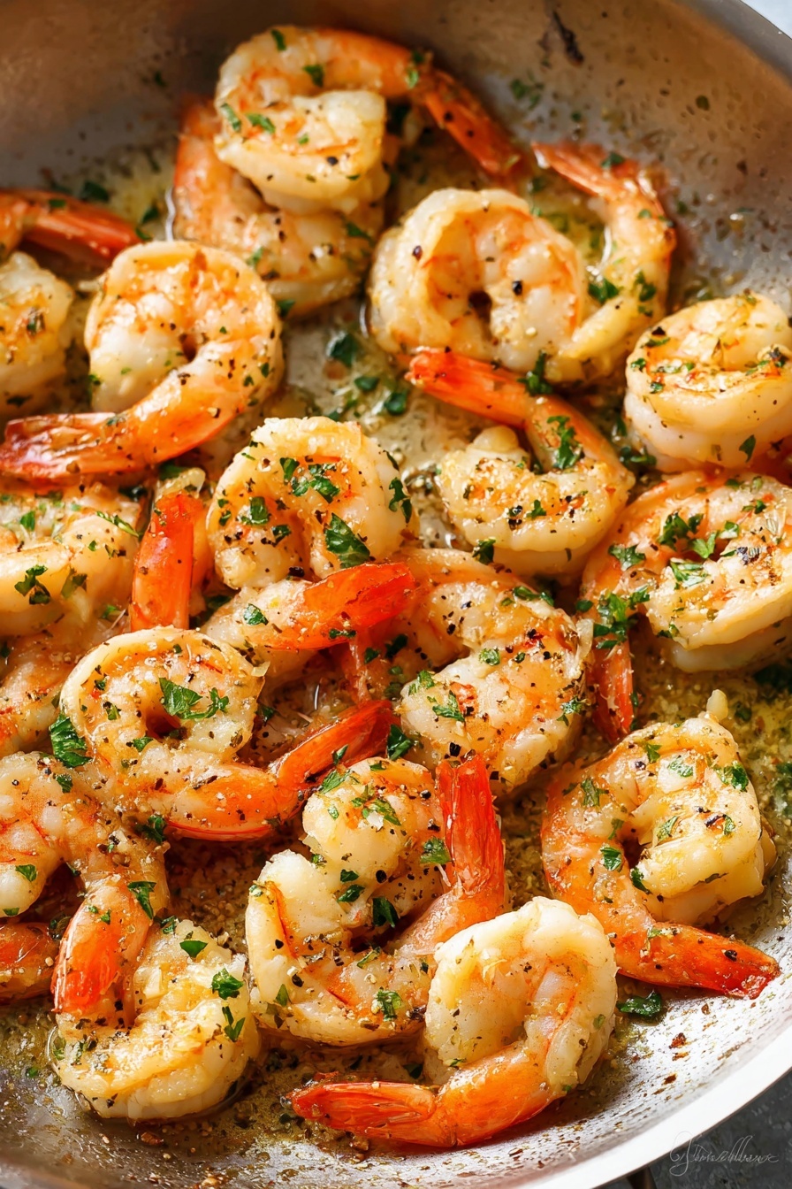 A close-up view of a pile of cooked shrimp in warm light, the shrimp are curled with bright orange tails and creamy white bodies, each piece sprinkled with small green parsley leaves, the shrimp sit in a glossy light yellow butter sauce with tiny bits of seasoning visible, a wooden spoon partially lifts some shrimp from the mix, the scene is set against a white marbled textured surface, showing the moist texture and fresh herbs clearly, photo taken with an iphone --ar 2:3 --v 7 - Garlic Butter Shrimp Scampi, easy shrimp dinner, quick seafood recipes, flavorful shrimp dish, garlic butter shrimp