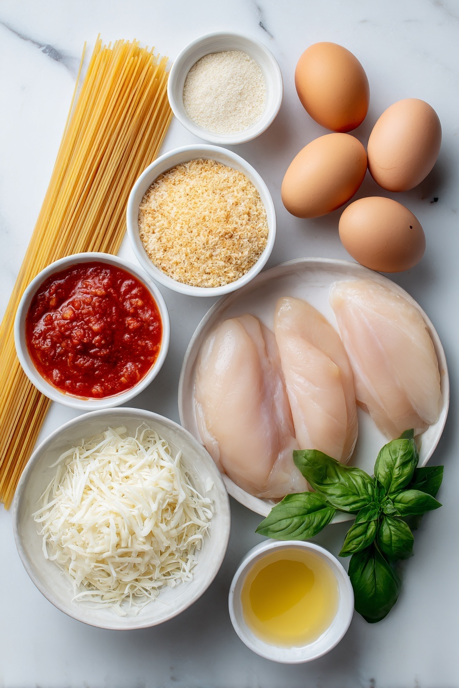 Flat lay of boneless skinless chicken breasts halved horizontally, two whole brown eggs with clean shells, a small white ceramic bowl of pale golden panko bread crumbs, a small white ceramic bowl of mixed Italian style bread crumbs, a small white ceramic bowl of freshly grated parmesan cheese, a small white ceramic bowl of bright red marinara sauce, a small white ceramic bowl of shredded white mozzarella cheese, a few vibrant fresh green basil leaves, a small white ceramic bowl of golden oil, all arranged symmetrically and balanced, placed on a clean white marble surface, soft natural light, photo taken with an iPhone, professional food photography style, fresh ingredients, white ceramic bowls, no bottles, no duplicates, no utensils, no packaging --ar 2:3 --v 7 --p m7354615311229779997 - Easy Chicken Parmesan, Chicken Parmesan dinner, crispy chicken Parmesan, homemade Chicken Parmesan, Italian-American chicken dish