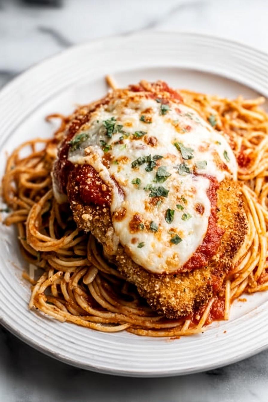 There is a white plate with a ringed edge that holds a layer of light brown spaghetti with a thick red tomato sauce mixed through it. On top of the spaghetti sits a piece of crispy, golden-brown breaded chicken. Layered over the chicken is a melted white cheese with some browned spots and small green herb bits sprinkled on top. The plate is on a white marbled surface with a bit of shadow under the plate. The picture is well-lit and taken close up, showing all textures clearly photo taken with an iphone --ar 2:3 --v 7 - Easy Chicken Parmesan, Chicken Parmesan dinner, crispy chicken Parmesan, homemade Chicken Parmesan, Italian-American chicken dish