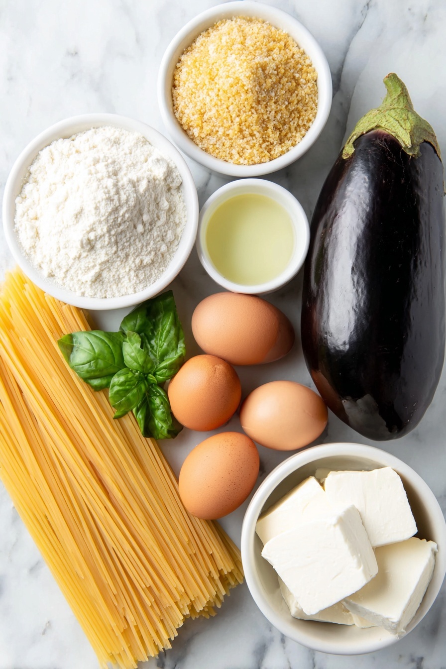 Flat lay of one whole globe eggplant, a small white bowl of all-purpose flour, two whole uncracked large brown eggs with clean shells, a small white bowl filled with golden panko breadcrumbs, a small white bowl of neutral cooking oil, a block of fresh white mozzarella cheese, a neat bundle of uncooked spaghetti pasta, a small white bowl containing rich homemade spaghetti meat sauce, a small white bowl of grated Parmigiano-Reggiano cheese, and a few fresh green basil sprigs, all placed on a clean white marble surface, soft natural light, photo taken with an iPhone, professional food photography style, fresh ingredients, white ceramic bowls, no bottles, no duplicates, no utensils, no packaging --ar 2:3 --v 7 --p m7354615311229779997 - Eggplant Parmesan Spaghetti with Meat Sauce, vegetarian pasta with crispy eggplant and savory meat sauce, easy Italian eggplant pasta, hearty eggplant pasta dish, homemade Italian spaghetti