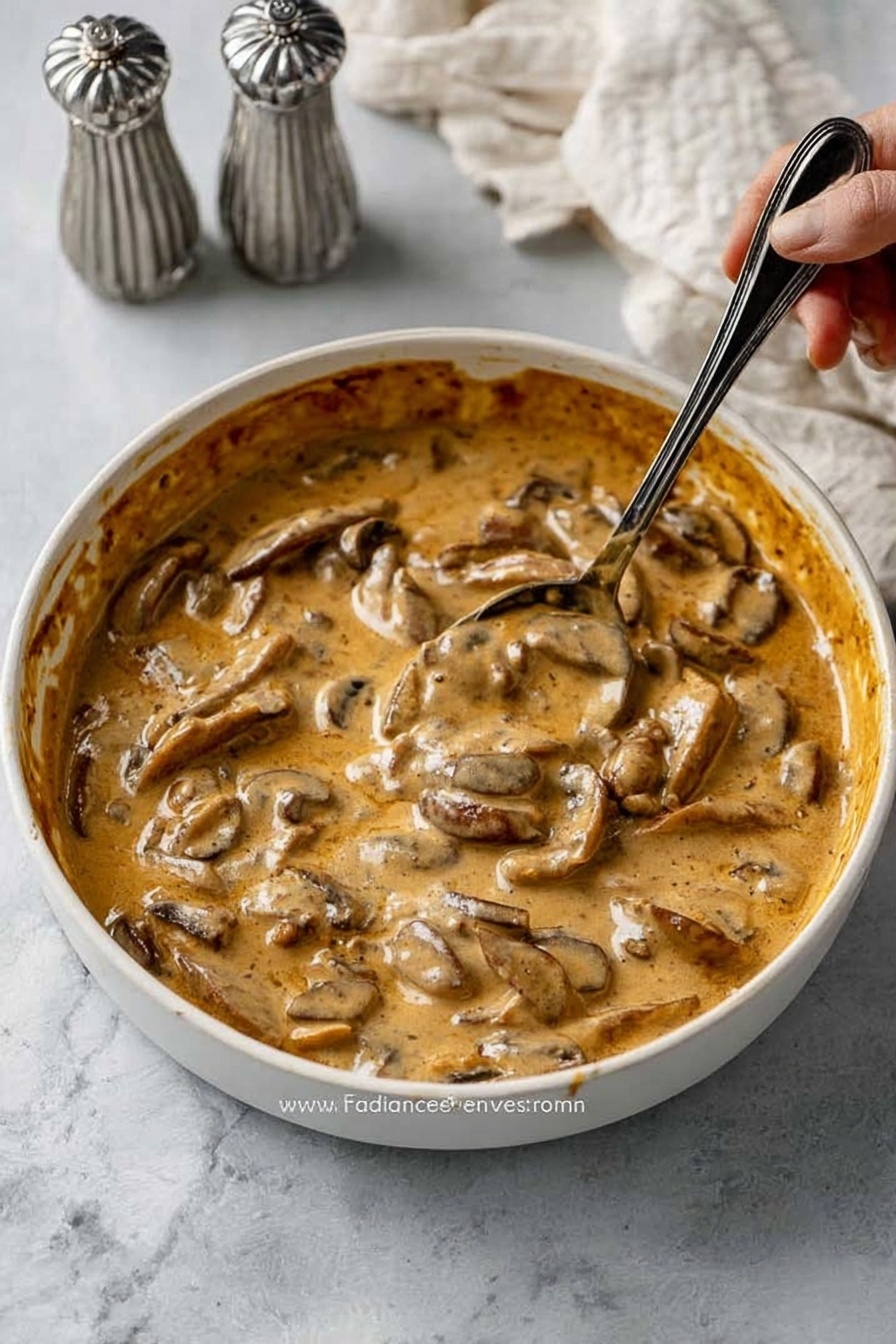 A white round dish filled with a creamy brown sauce mixed with strips of cooked meat and sliced mushrooms, giving a thick and smooth texture with chunks seen throughout. A black spoon is dipped into the sauce on the right side of the dish, with some sauce dripping off it, and the dish rests on a white marbled surface. Behind the dish, a woman's hand holds a white cloth with two silver salt and pepper shakers placed nearby. The edges of the dish have some sauce marks, showing it has been stirred. photo taken with an iphone --ar 2:3 --v 7 - Easy Beef Stroganoff, beef stroganoff recipe, quick beef stroganoff, creamy mushroom beef, comfort food recipes