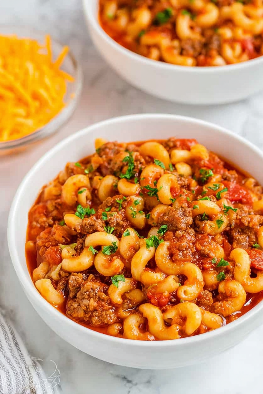 A white bowl filled with a warm dish made of soft elbow macaroni mixed with chunky pieces of browned meat and bits of tomato in a thick red sauce. The top is sprinkled with fresh green chopped herbs. In the background, there is another white bowl with the same dish and a small clear bowl filled with bright orange shredded cheese, all placed on a white marbled surface. Photo taken with an iphone --ar 2:3 --v 7 - American Chop Suey with Ground Beef and Cheese, easy American chop suey recipe, hearty ground beef pasta, cheesy American chop suey, quick weeknight dinners