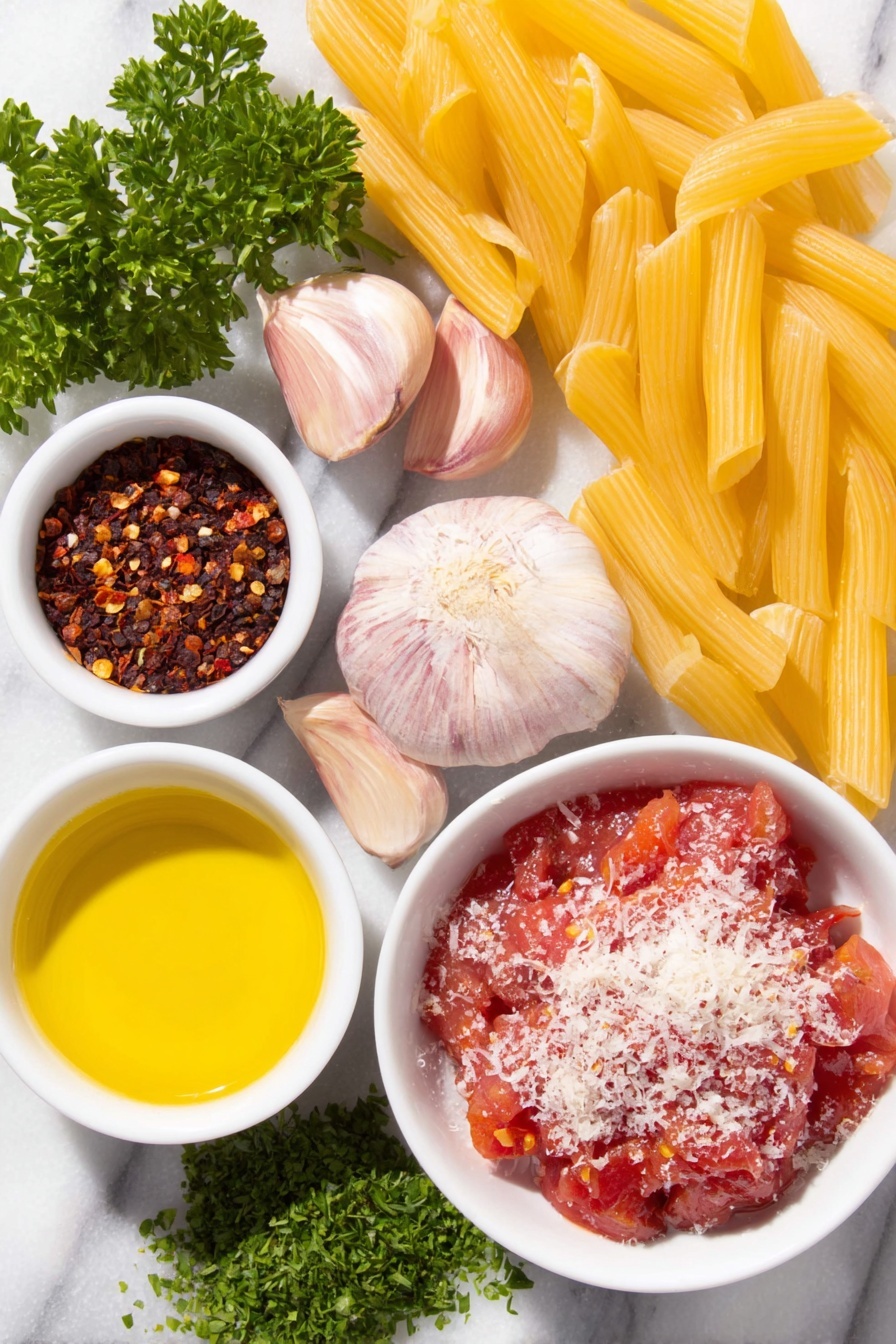 Flat lay of a small white ceramic bowl filled with extra-virgin olive oil, four whole garlic cloves with natural papery skins, a small white bowl containing red pepper flakes, a simple white ceramic bowl holding roughly hand-crushed whole fresh tomatoes with visible juice, a sprinkle of fine salt artfully scattered nearby, a small pile of finely chopped fresh flat-leaf parsley, a neat mound of uncooked penne pasta tubes, and a small white bowl with freshly grated Pecorino cheese, all arranged in perfect symmetry and balanced proportions, placed on a clean white marble surface, soft natural light, photo taken with an iPhone, professional food photography style, fresh ingredients, white ceramic bowls, no bottles, no duplicates, no utensils, no packaging --ar 2:3 --v 7 --p m7354615311229779997 - Spicy Penne Arrabbiata, how to make Penne Arrabbiata, easy spicy pasta, authentic Italian pasta, quick Penne Arrabbiata