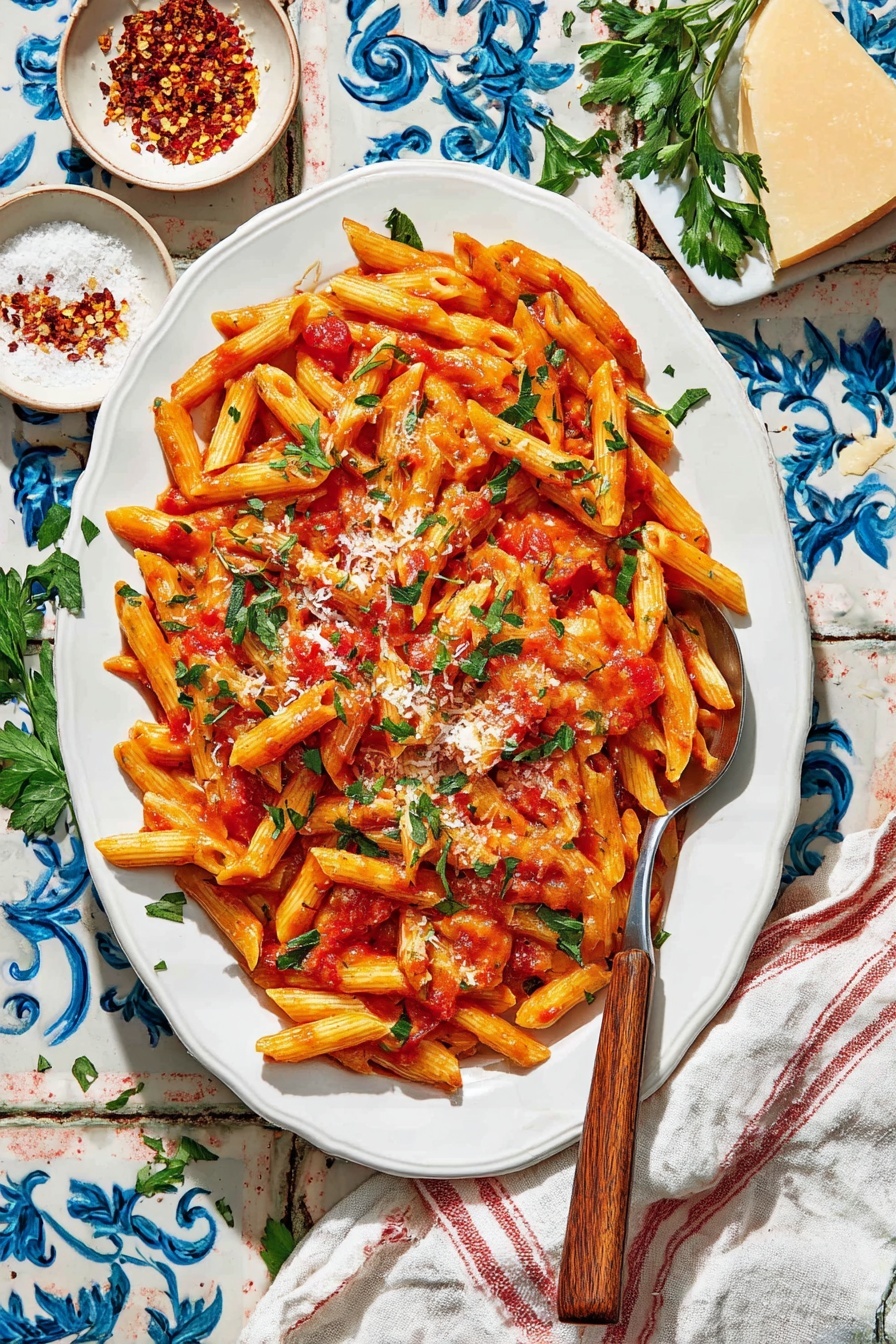 A large white pot filled with cooked penne pasta tossed in a bright red tomato sauce with small bits of herbs scattered throughout. The pasta pieces are light beige and slightly shiny, mixed evenly with the sauce. A wooden spoon with some sauce on it rests inside the pot on the right side. The pot sits on a white marbled surface decorated with large blue floral designs. Photo taken with an iphone --ar 2:3 --v 7 - Spicy Penne Arrabbiata, how to make Penne Arrabbiata, easy spicy pasta, authentic Italian pasta, quick Penne Arrabbiata