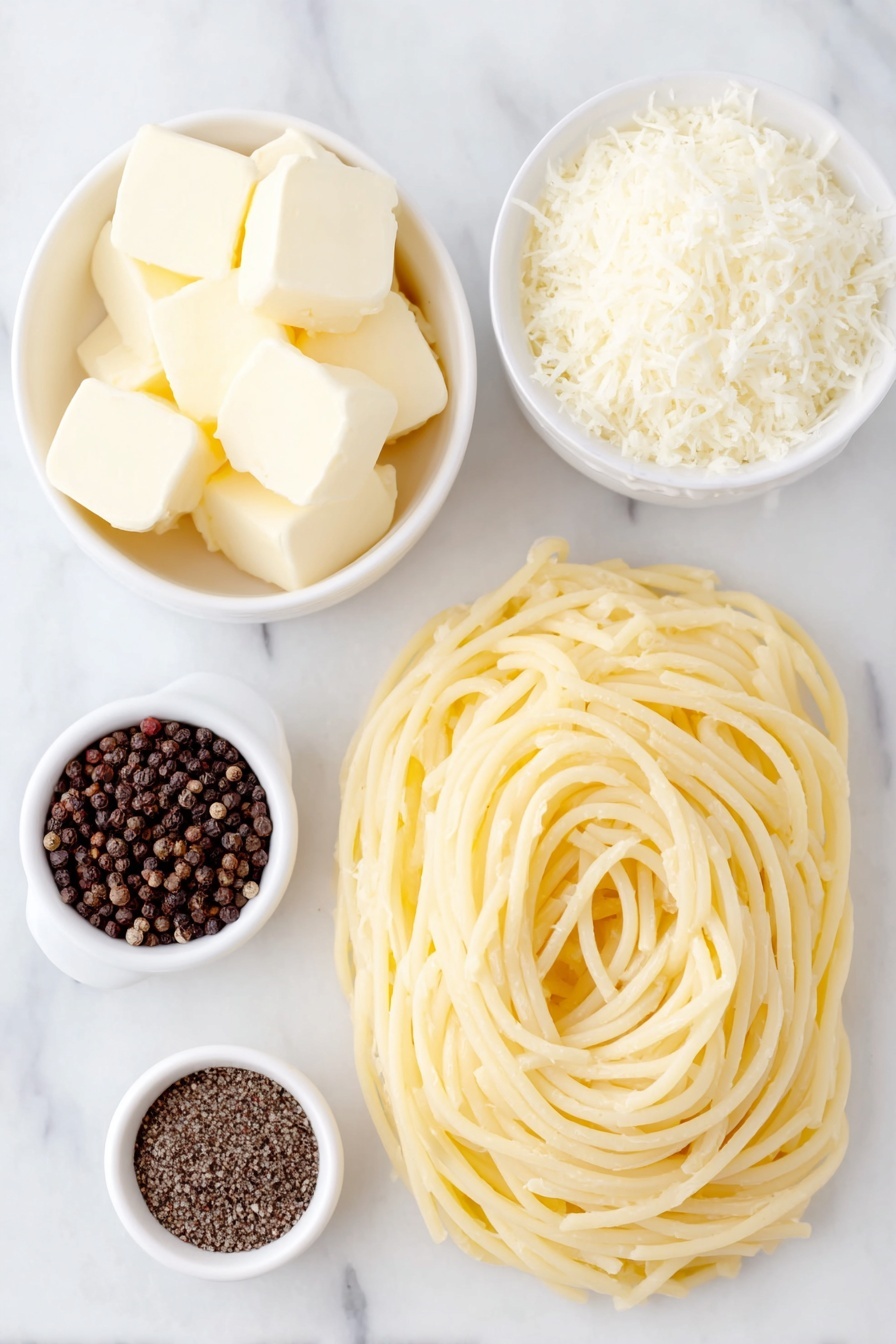 Flat lay of dried bucatini pasta nest, a small white bowl of unsalted butter cubes, a small white bowl filled with freshly grated Pecorino Romano cheese, a small white bowl containing cracked toasted black pepper, placed on a clean white marble surface, soft natural light, photo taken with an iPhone, professional food photography style, fresh ingredients, white ceramic bowls, no bottles, no duplicates, no utensils, no packaging --ar 2:3 --v 7 --p m7354615311229779997 - Easy Cacio e Pepe Pasta, classic Roman pasta, quick Italian pasta recipe, cheesy pepper pasta, simple pasta dishes