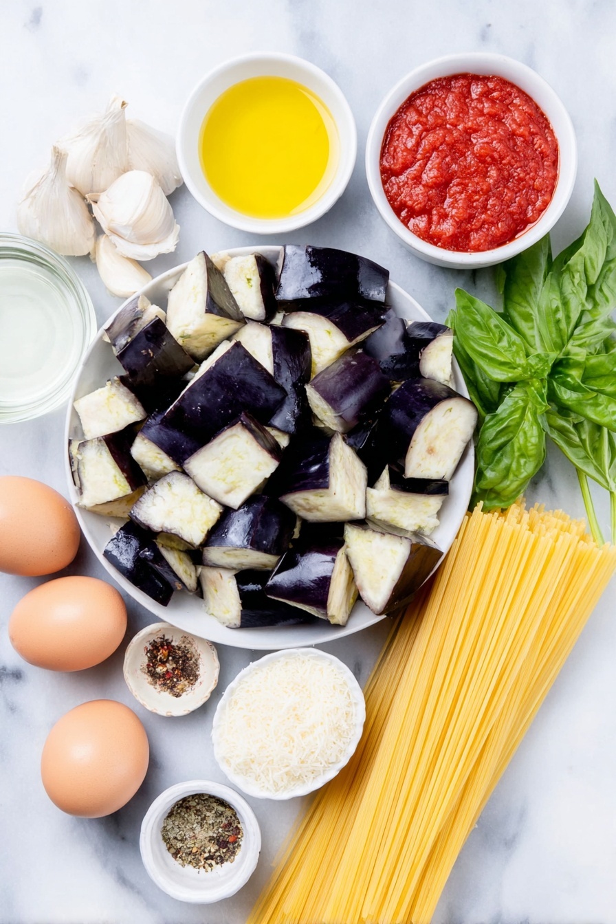Flat lay of fresh cubed eggplant with deep purple skin and creamy white flesh, two whole brown garlic cloves, one small yellow onion peeled and whole, bright green basil leaves loosely piled, a small white ceramic bowl with extra virgin olive oil, a small white bowl with vibrant red tomato passata, a small white bowl with clear white wine, a small white bowl with clear water, a small white bowl containing a mix of dried Italian herbs and red pepper flakes, two uncracked brown eggs with smooth shells, a neat bundle of golden yellow uncooked spaghetti, and grated Parmesan cheese piled lightly on a white ceramic plate, all arranged symmetrically on a clean white marble surface, soft natural light, photo taken with an iPhone, professional food photography style, fresh ingredients, white ceramic bowls, no bottles, no duplicates, no utensils, no packaging --ar 2:3 --v 7 --p m7354615311229779997 - Eggplant Pasta alla Norma, Sicilian Eggplant Pasta, authentic Eggplant Pasta, easy Eggplant Pasta recipe, flavorful Italian pasta dishes