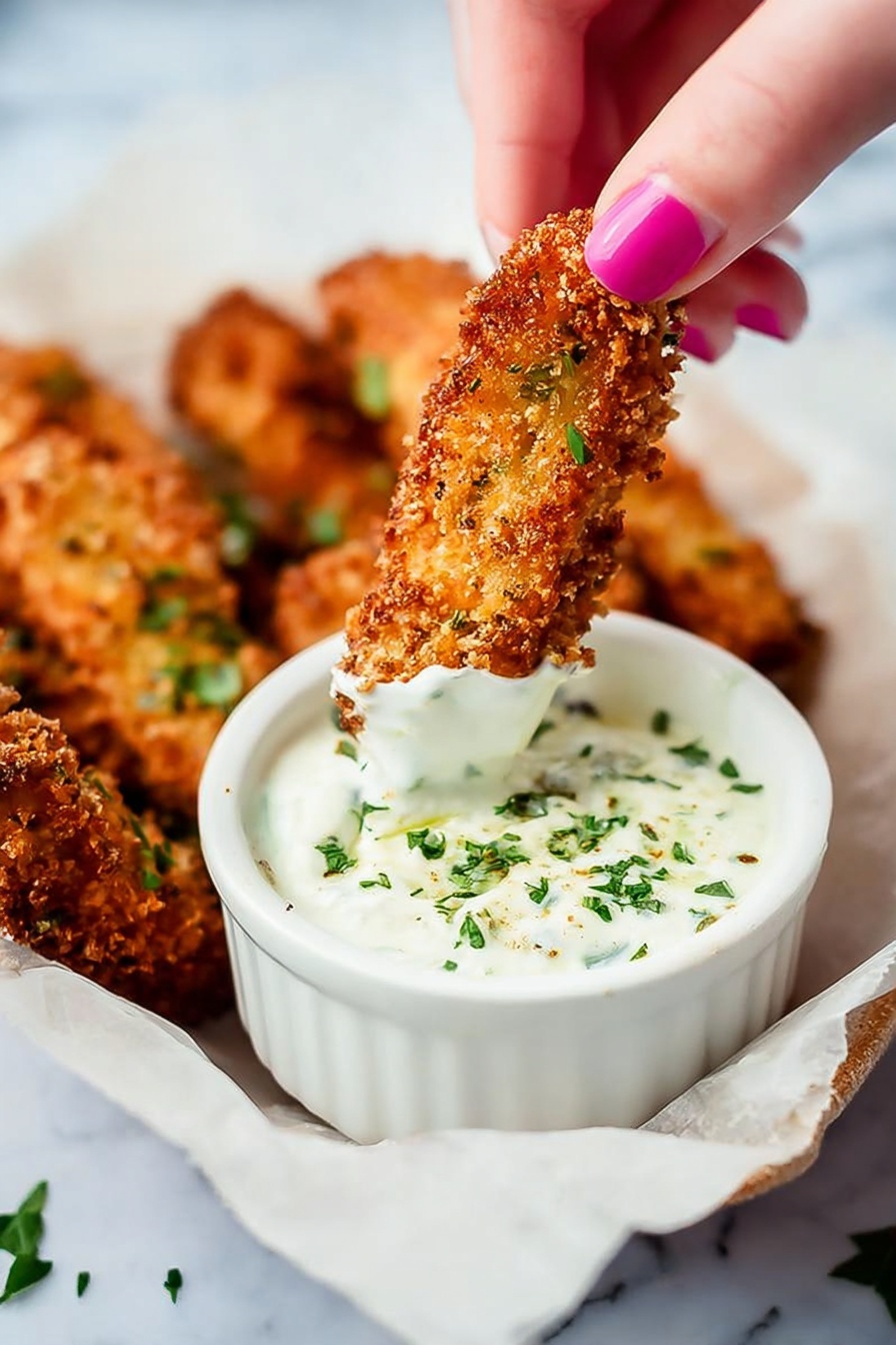 A woman's hand with pink nail polish is holding a golden-brown crispy finger-shaped food item that is being dipped into a small white bowl filled with a creamy white sauce, topped with green herbs sprinkled over it. The bowl sits on white parchment paper, and several more crispy finger-shaped items are placed blurred in the background on the same parchment paper. The setting has a soft focus with a white marbled texture in the background. Photo taken with an iphone --ar 2:3 --v 7 - Baked Pickle Fries with Dill Ranch Dip, pickle fry recipe, healthy pickle snack, crispy baked pickle sticks, homemade ranch dip with herbs