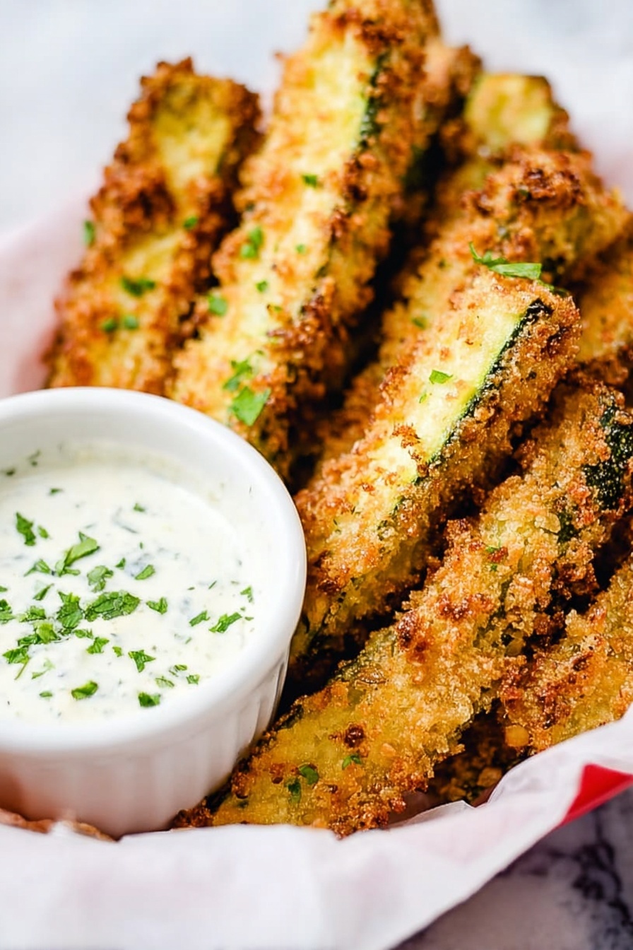 The image shows several golden brown breaded zucchini sticks arranged closely together in a white basket lined with white paper. The zucchini sticks have a crispy, crumbly texture with some green skin visible beneath the crust. Small green herb pieces are sprinkled on top of the zucchini sticks. Next to the basket, a white bowl filled with a creamy white dipping sauce, also topped with green herbs, is partially visible in the foreground. The background is a white marbled texture. Photo taken with an iphone --ar 2:3 --v 7 - Baked Pickle Fries with Dill Ranch Dip, pickle fry recipe, healthy pickle snack, crispy baked pickle sticks, homemade ranch dip with herbs