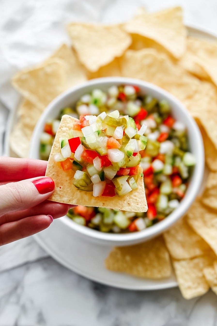A clear glass bowl filled with finely chopped layers of vegetables, including bright red bell peppers, green pickles, and white onions, all cut into small cubes evenly mixed together. The bowl is placed on a white marbled surface, and a silver spoon rests inside the bowl on the right side. The mix of colors is vibrant, with the red, green, and white pieces spread throughout the bowl, creating a fresh and crisp look. photo taken with an iphone --ar 2:3 --v 7 - Pickle de Gallo, pickle de gallo, tangy pico de gallo, easy pickle salsa, flavorful condiment