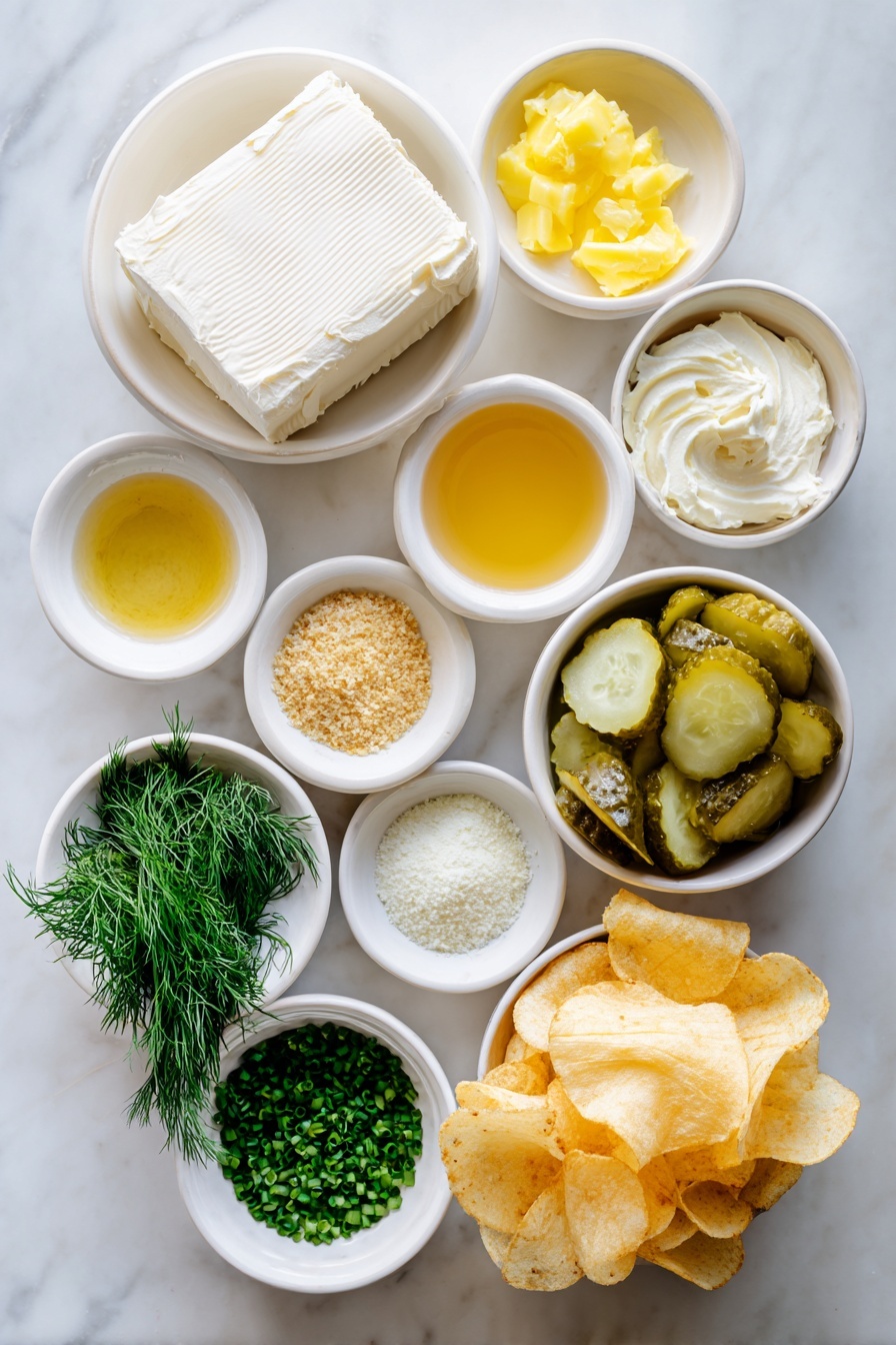 Flat lay of a block of softened cream cheese, a small white bowl of thick Greek yogurt, a small white bowl of golden melted butter, a small white bowl of golden panko breadcrumbs, a small white bowl of light yellowish Worcestershire sauce, a small white bowl of vibrant green chopped fresh dill, a small white bowl of finely chopped bright green chives, a small white bowl of pale yellow garlic powder, a small white bowl of translucent light green dill pickle juice, a small white bowl filled with chopped glossy green dill pickles, and a neat pile of golden crispy potato chips, all arranged symmetrically on a clean white ceramic surface, placed on a clean white marble surface, soft natural light, photo taken with an iPhone, professional food photography style, fresh ingredients, white ceramic bowls, no bottles, no duplicates, no utensils, no packaging --ar 2:3 --v 7 --p m7354615311229779997 - Ranch Pickle Dip, creamy pickle dip, party dip recipes, easy appetizer ideas, game day snack recipes