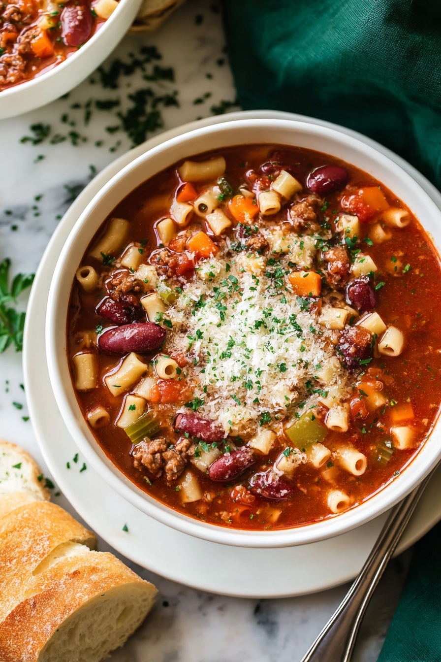A white bowl filled with a thick red soup containing small tube pasta, red kidney beans, minced meat, and diced orange carrots and celery pieces. The soup is sprinkled with finely chopped fresh green herbs and a layer of grated white cheese on top. The bowl sits on a white plate with some green herb bits scattered around. Nearby are slices of a white baguette and a large silver spoon resting on the plate. The scene is set on a white marbled surface with a dark green cloth in the top right background. photo taken with an iphone --ar 2:3 --v 7 - Easy Pasta e Fagioli Soup, pasta e fagioli recipe, hearty Italian soup, quick pasta e fagioli, comforting bean and pasta soup