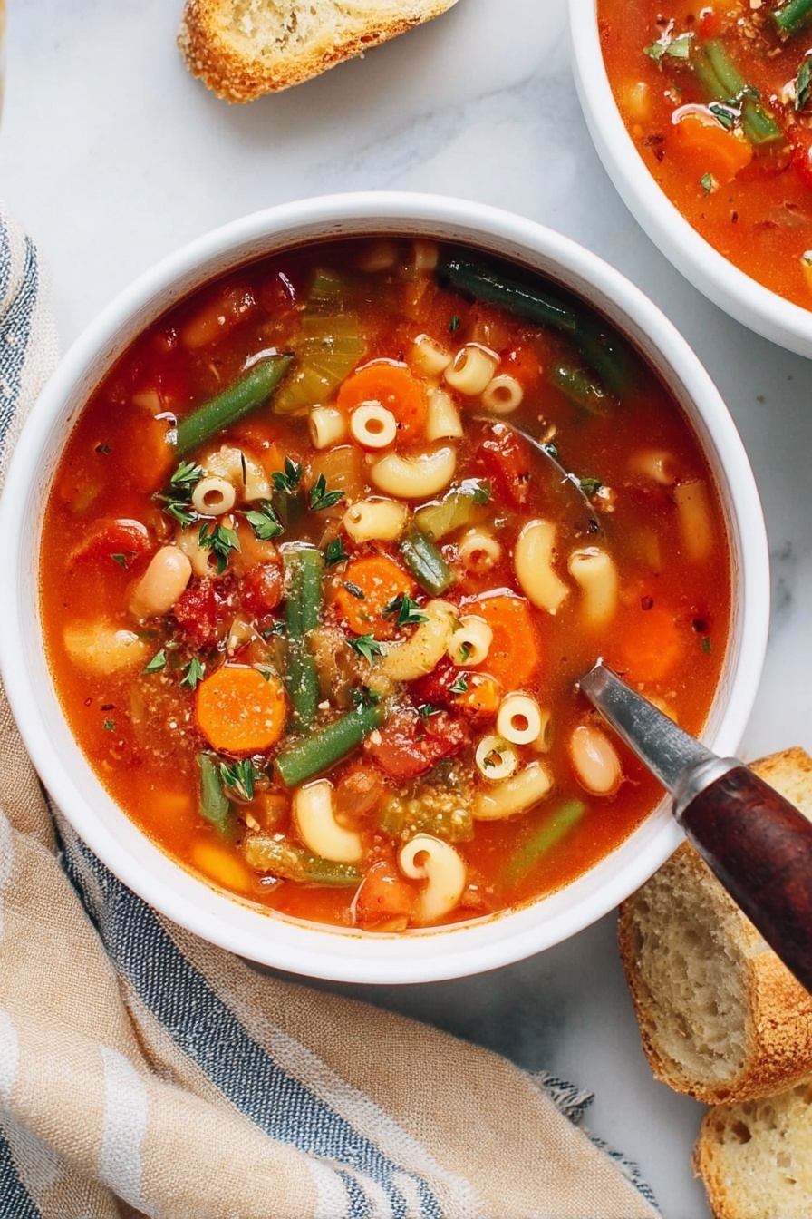 The image shows two white bowls filled with vegetable soup placed on a white marbled surface. Each bowl contains a bright red broth with visible layers of sliced orange carrots, green beans, small pasta rings, and white beans, with tiny green herbs sprinkled on top. A woman’s hand holds a spoon resting inside one of the bowls. Above the bowls, a large pot of the same soup is visible with a wooden spoon resting inside; the pot sits on the marbled surface next to a wooden board. On the board, there are two white garlic bulbs, a small wooden bowl with red chili flakes, another wooden bowl with chopped green herbs, and some sprigs of fresh parsley. Sliced white bread pieces are placed near the board, and a striped white and blue cloth lies casually next to the bowls. The photo taken with an iphone --ar 2:3 --v 7 - Hearty Vegetable Minestrone Soup, vegetable minestrone soup recipe, healthy minestrone soup, easy vegetable soup, comforting vegetable soup