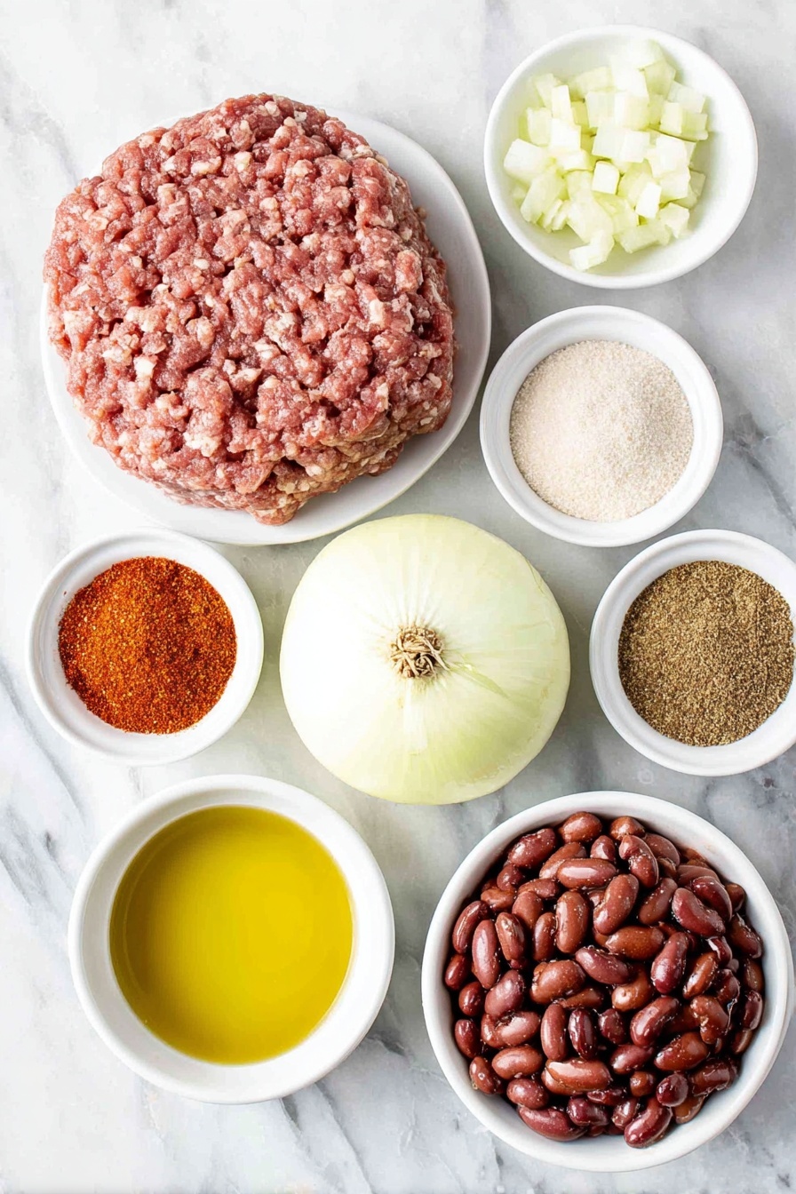 Flat lay of a small puddle of golden olive oil served in a simple white ceramic bowl, one whole small yellow onion with a few cubes diced next to it, a mound of fresh raw ground beef, three whole garlic bulbs, two small white ceramic bowls containing vibrant red chili powder and light brown cumin powder, two smaller white ceramic bowls with pale beige garlic powder and bright white salt crystals, a tiny pinch of bright red cayenne powder in a white ceramic bowl, a small white bowl holding vivid red diced fresh tomatoes, another white bowl with smooth bright red tomato paste, two separate white ceramic bowls filled with plump pinto beans and glossy dark red kidney beans, a small white bowl with clear golden honey, and a white bowl with rich brown beef broth, all ingredients arranged with perfect symmetry and realistic proportions, placed on a clean white marble surface, soft natural light, photo taken with an iPhone, professional food photography style, fresh ingredients, white ceramic bowls, no bottles, no duplicates, no utensils, no packaging --ar 2:3 --v 7 --p m7354615311229779997 - Easy Classic Beef Chili, hearty beef chili, quick chili recipe, stovetop chili, easy weeknight dinner
